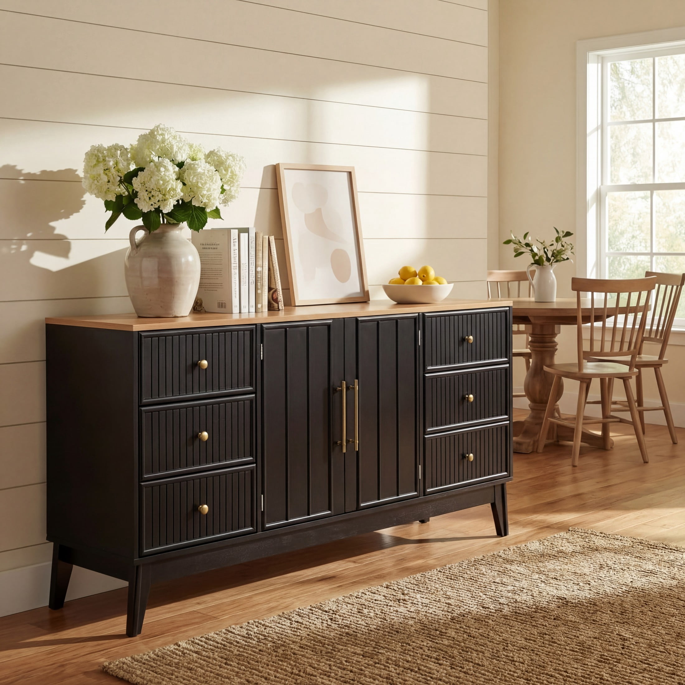 Christopher Knight Home 60" Modern Sideboard Buffet Cabinet with 6 Drawers & Adjustable Shelf, Black