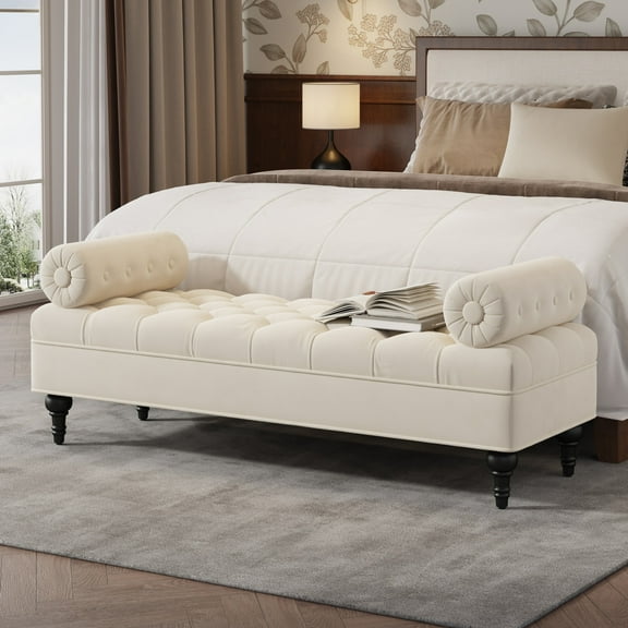 Christopher Knight Home 60" Modern Velvet Upholstered Bench with 2 Detachable Pillows, Comfy Ottoman, Beige