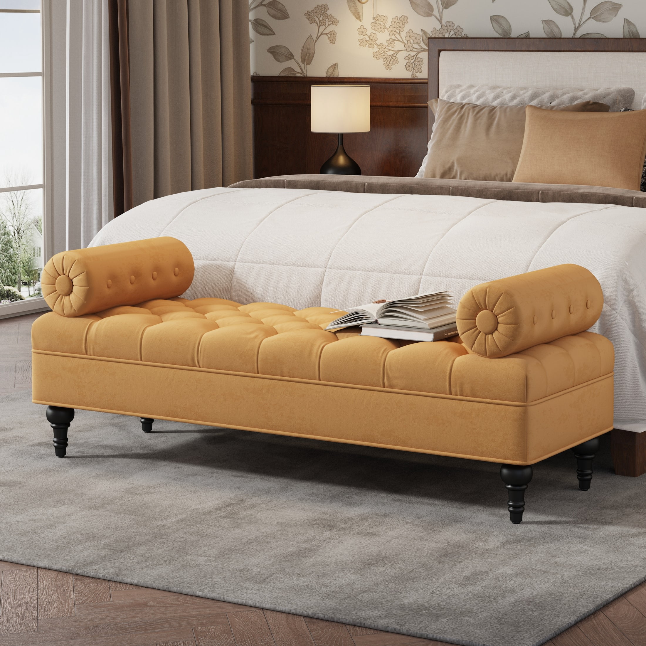 Christopher Knight Home 60" Modern Velvet Upholstered Bench with 2 Detachable Pillows, Comfy Ottoman, Yellow