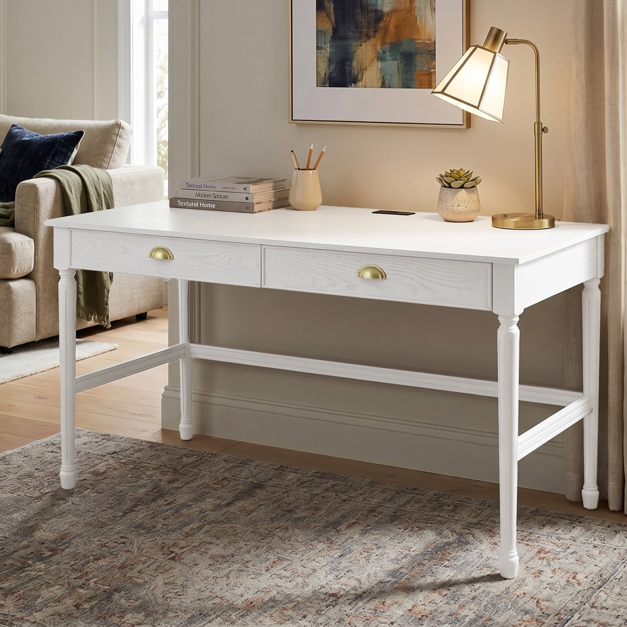 Christopher Knight Home 60" Modern Wooden Home Office Writing Desk with Drawers and USB Ports, White