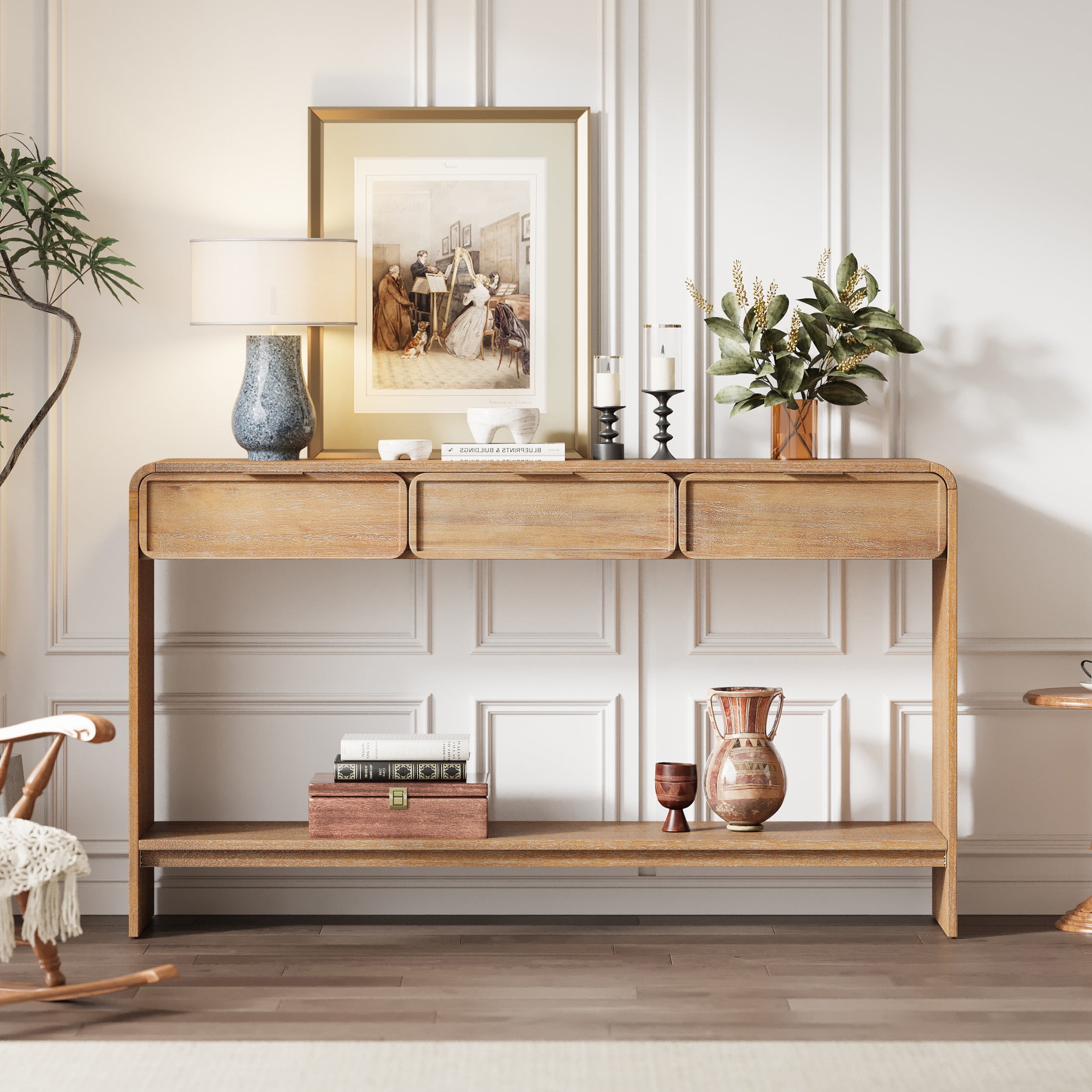 Christopher Knight Home 60" Retro Console Table with 3 Drawers and Shelf, Wooden Accent Cabinet Decor, Natural