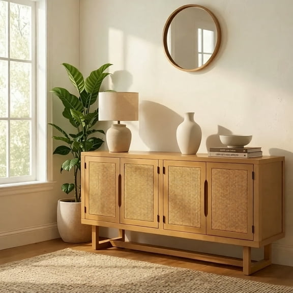 Christopher Knight Home 60" Vintage Sideboard with Cane Accents, 4-Door Storage Cabinet, Natural