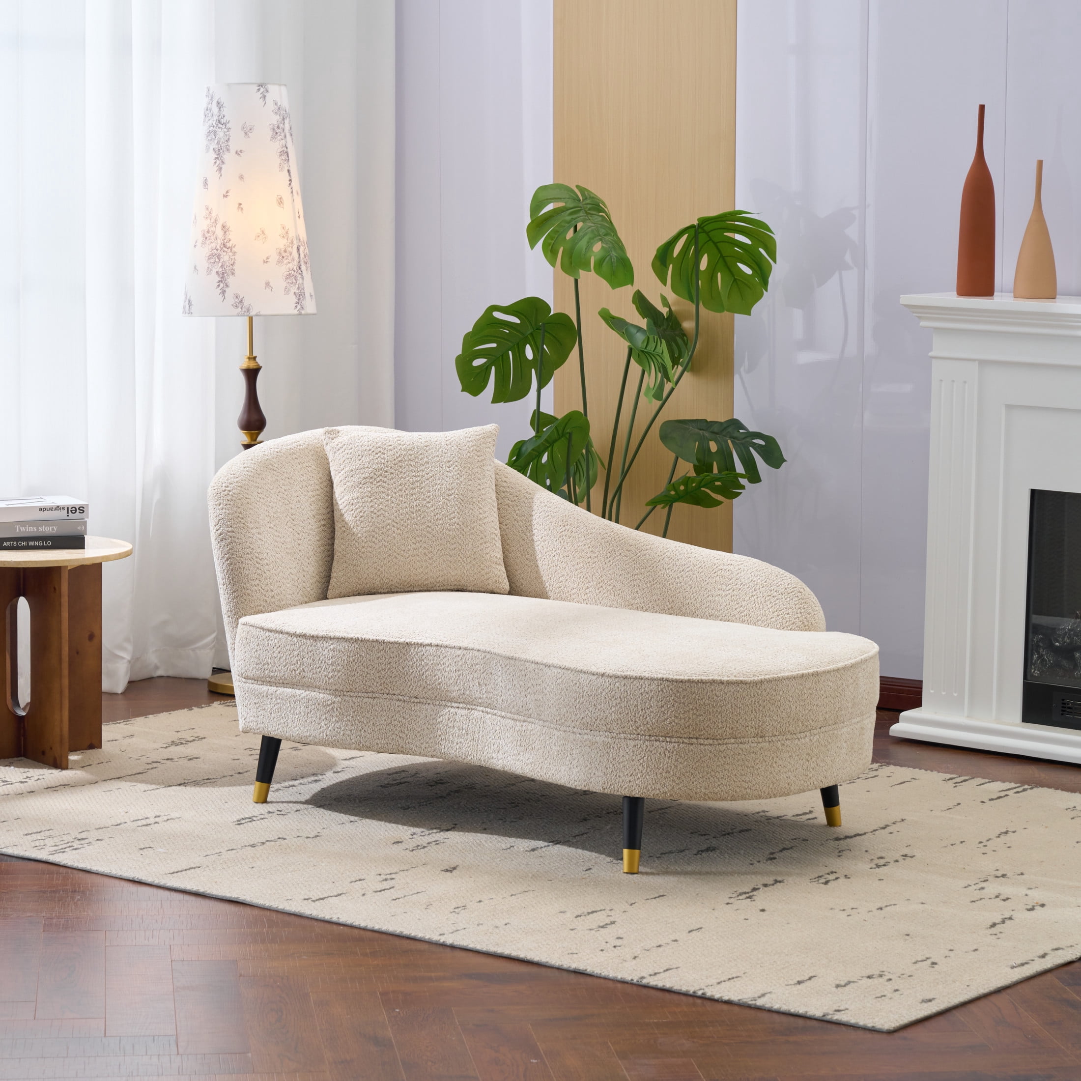 Christopher Knight Home 61" Mid-Century Boucle Curved Chaise Lounge Sofa for Bedroom Living Room, Beige