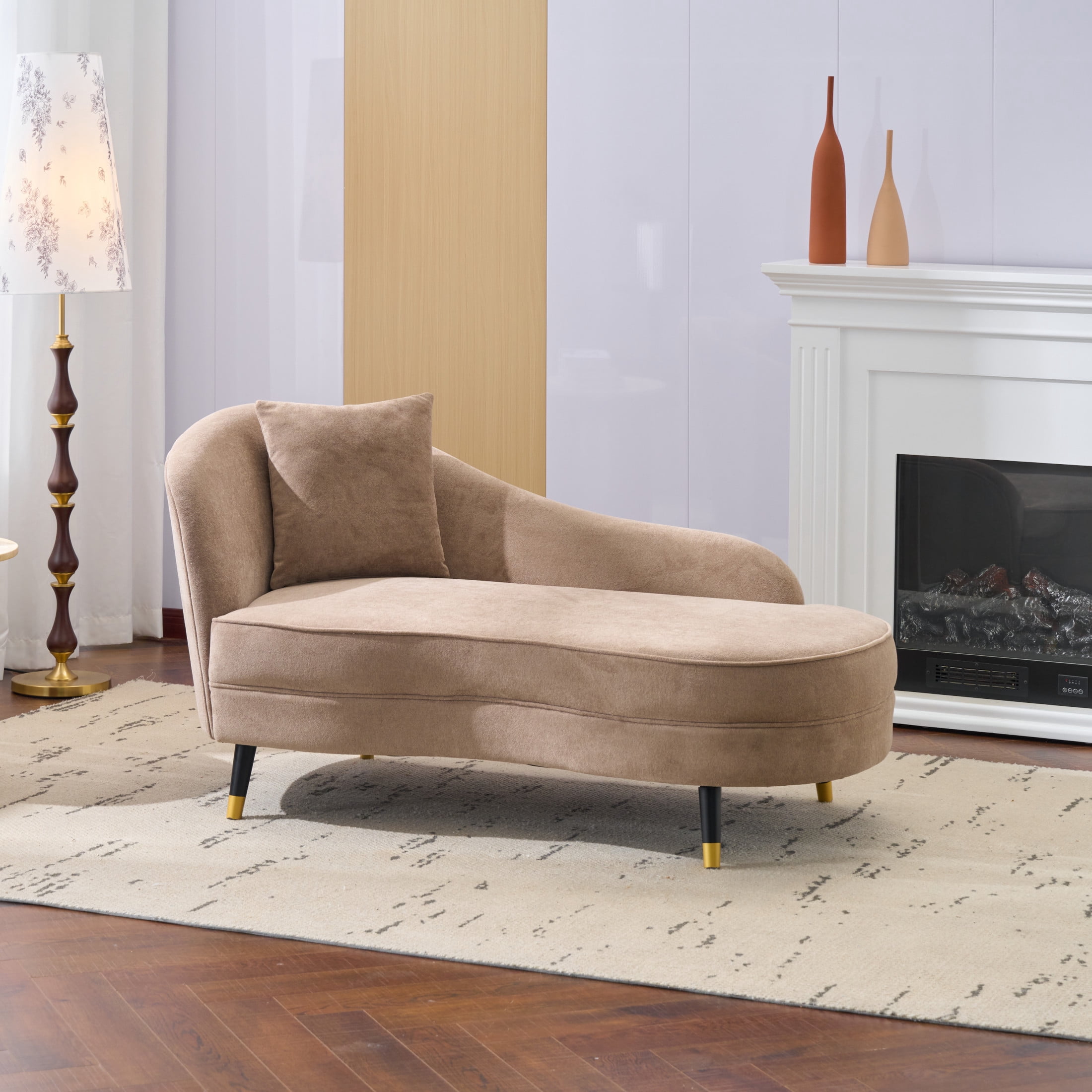 Christopher Knight Home 61" Mid-Century Velvet Curved Chaise Lounge Sofa for Bedroom Living Room, Camel
