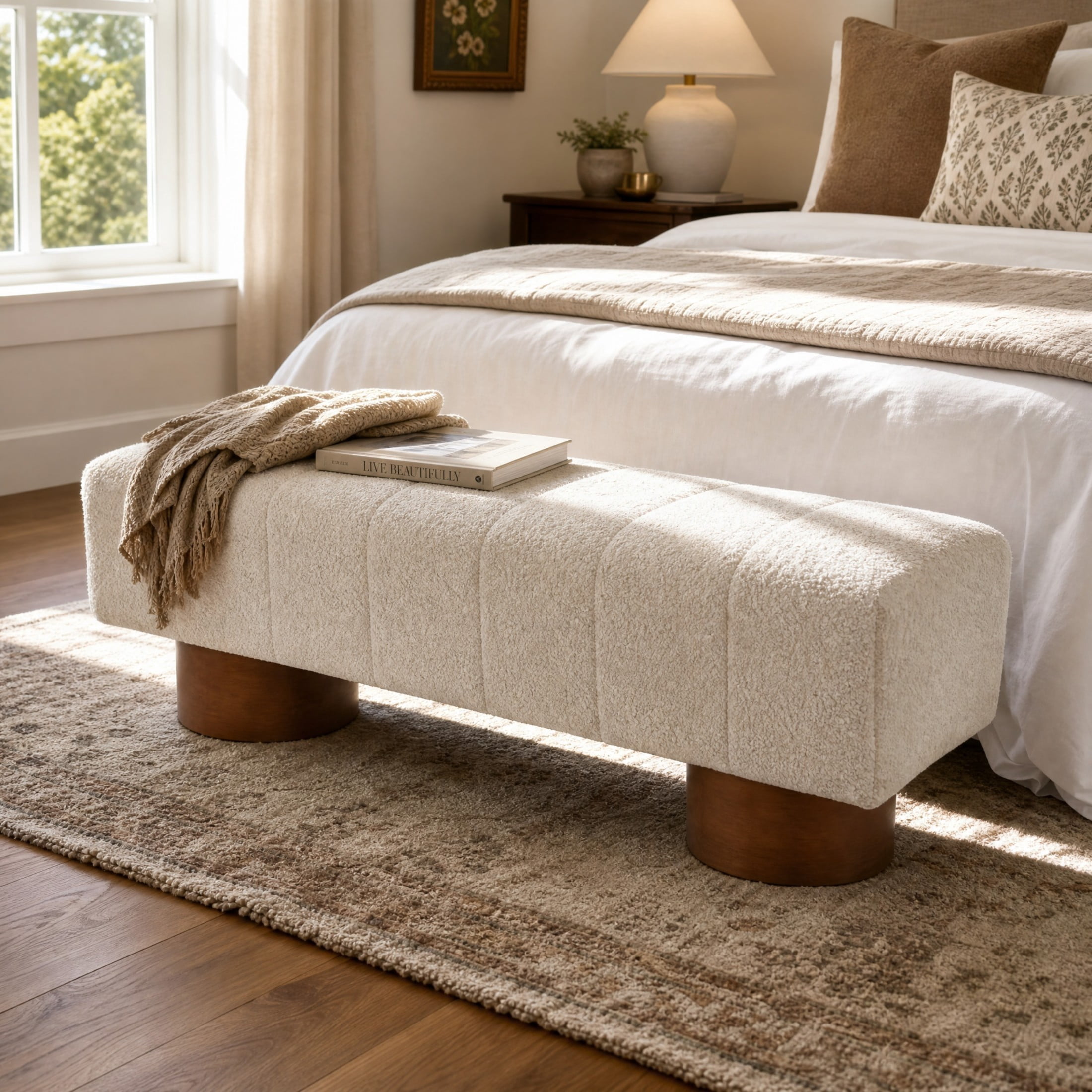 Christopher Knight Home 61" Modern Accent Ottoman Bench with Boucle Upholstery, Wood Legs, Beige