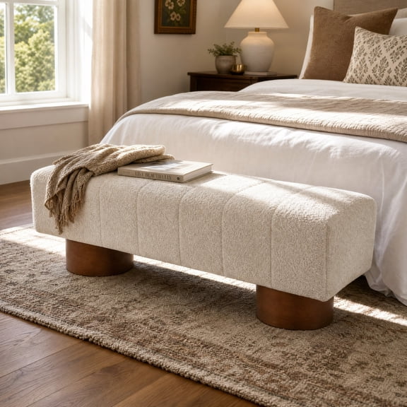 Christopher Knight Home 61" Modern Accent Ottoman Bench with Boucle Upholstery, Wood Legs, Beige