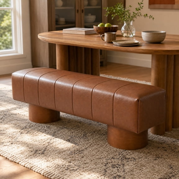 Christopher Knight Home 61" Modern Accent Ottoman Bench with PU Leather Upholstery, Wood Legs, Brown