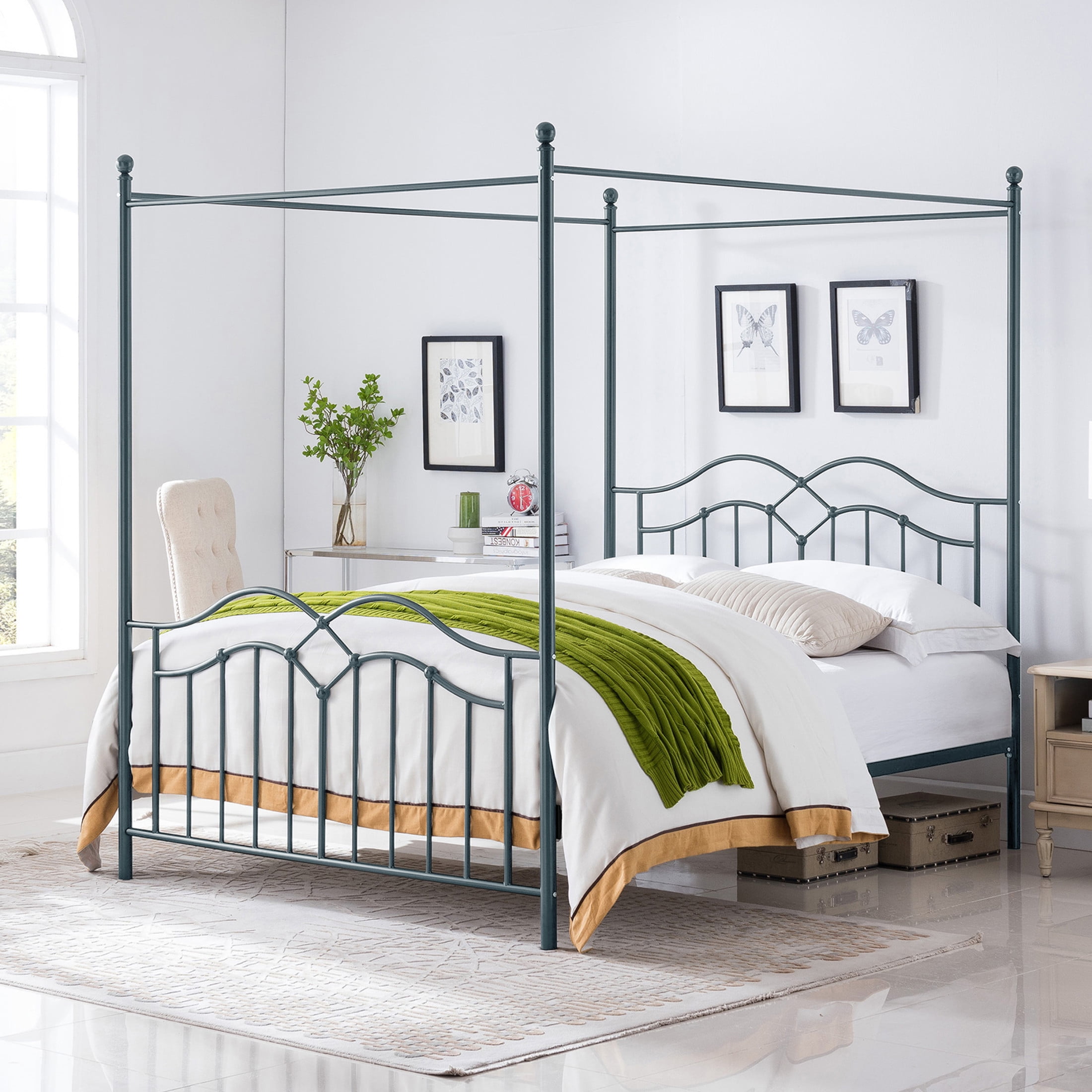 Christopher Knight Home 61" Queen Size Metal Canopy Bed Frame with Wavy Headboard and Footboard, Blue