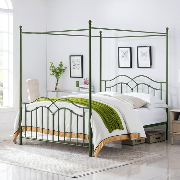 Christopher Knight Home 61" Queen Size Metal Canopy Bed Frame with Wavy Headboard and Footboard, Green
