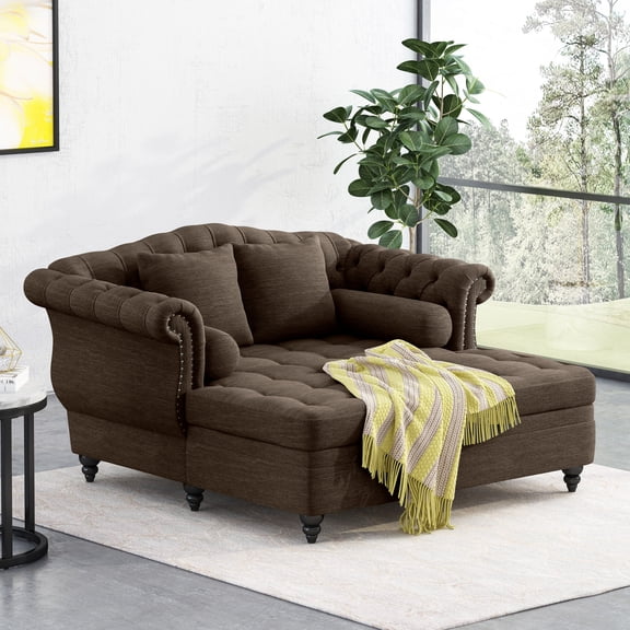 Christopher Knight Home 62.5" Large Loveseat Chaise Lounge, Sofa Bed Couch with Scroll Arms and Pillows, Brown