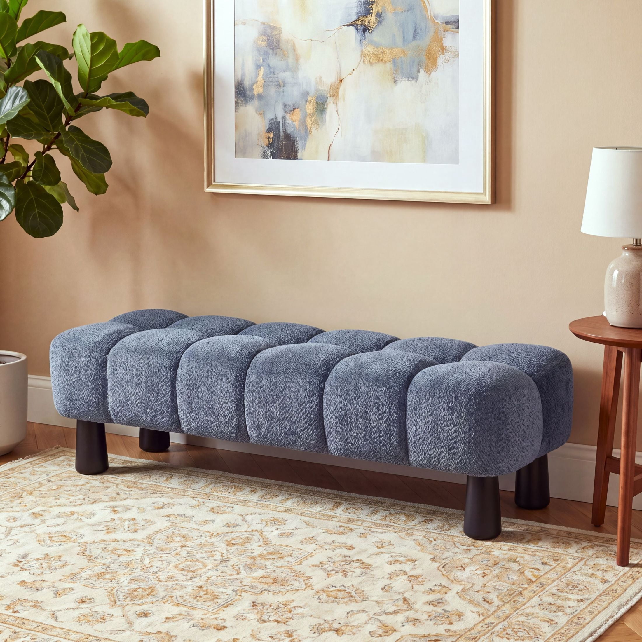 Christopher Knight Home 62.6" Modern Boucle Upholstered Ottoman Bench, Solid Wood Frame, Blue