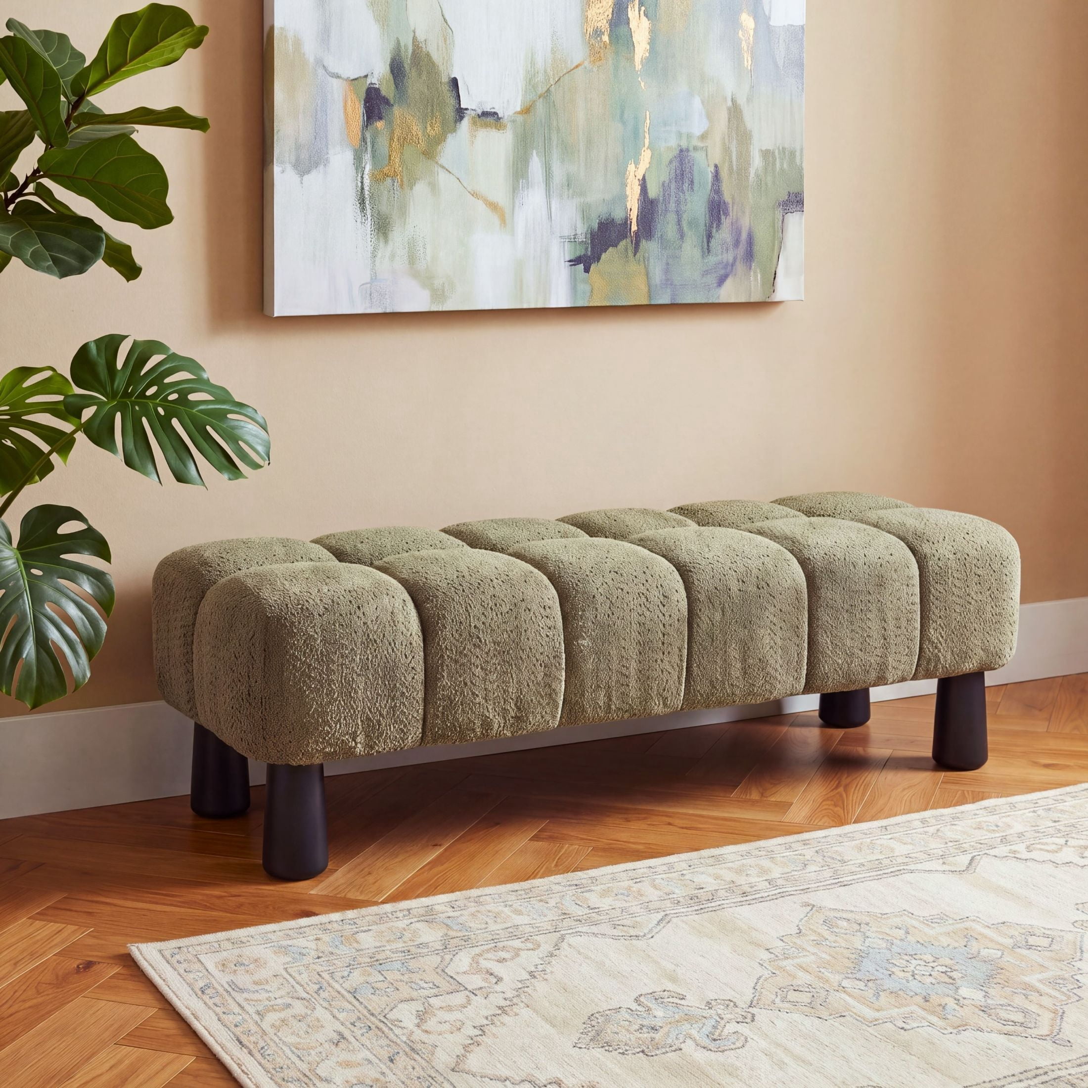 Christopher Knight Home 62.6" Modern Boucle Upholstered Ottoman Bench, Solid Wood Frame, Green