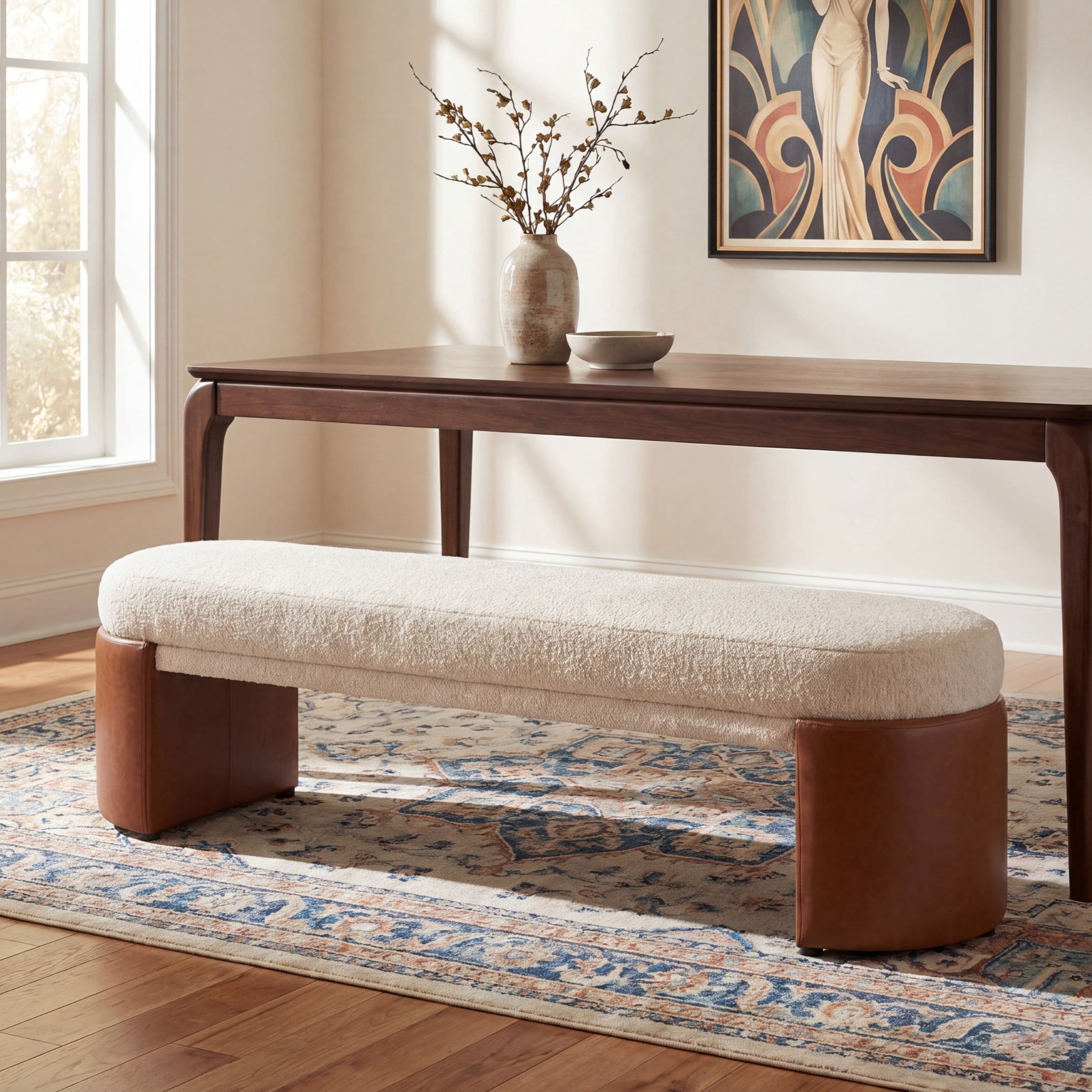 Christopher Knight Home 62.8" Modern Boucle Upholstered Ottoman Bench with PU Legs, Beige+Brown