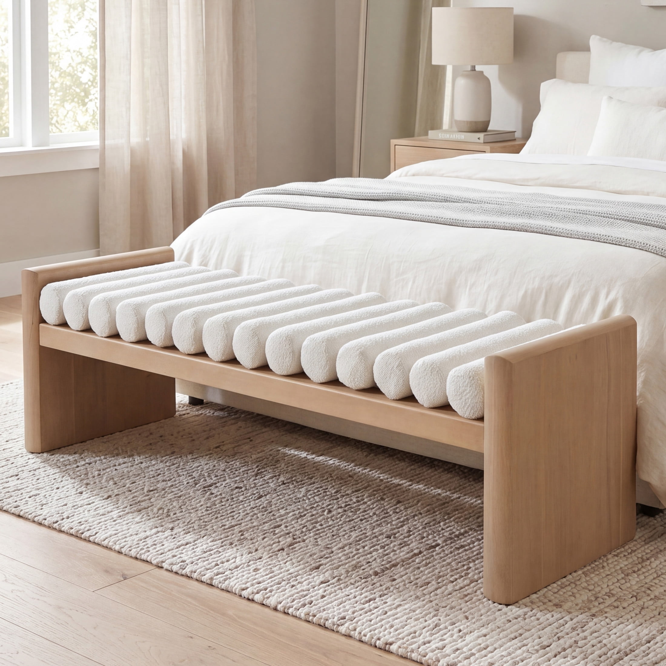 Christopher Knight Home 62.8" Modern Chenille Ottoman Bench with Rolled Cushions, Wood Frame, Natural