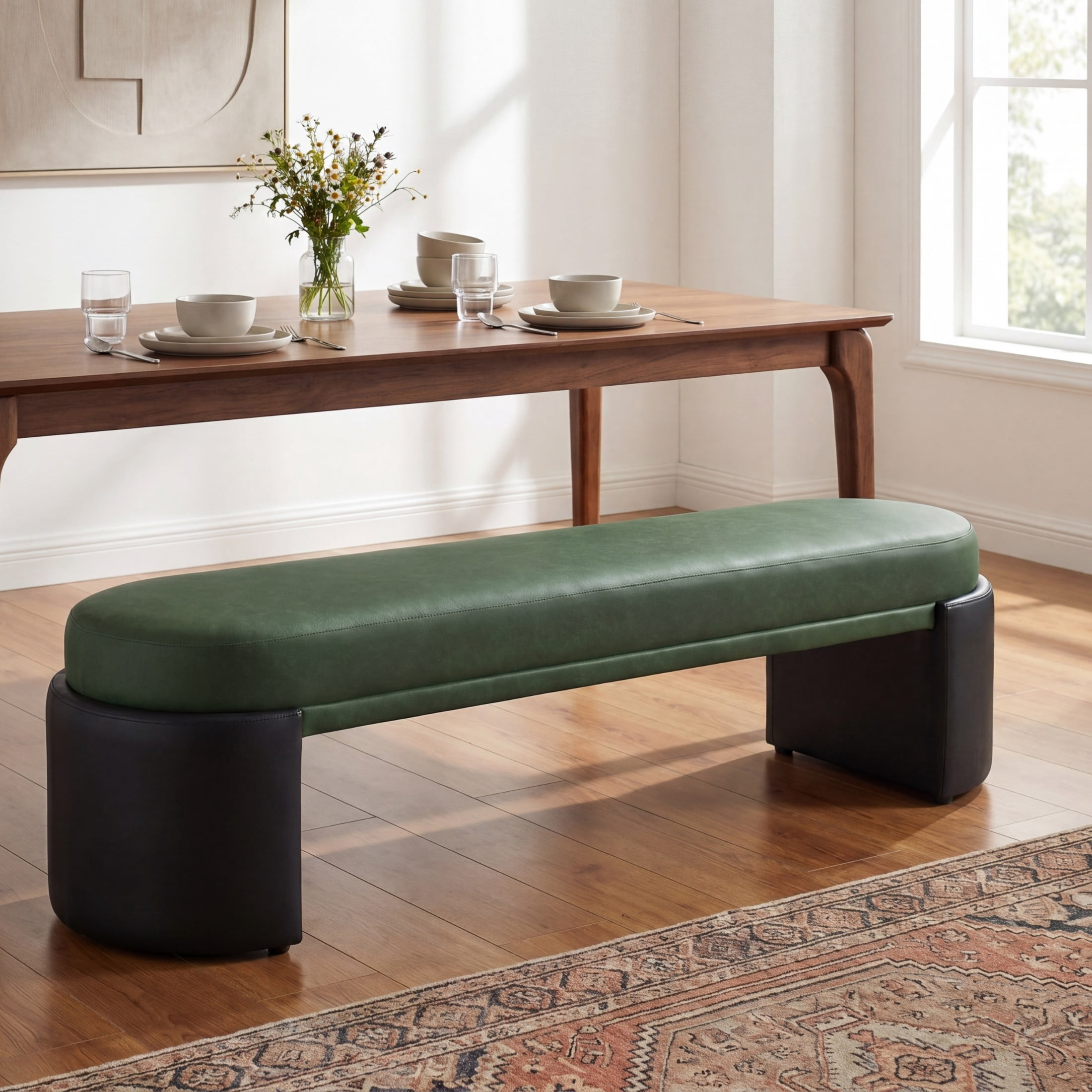 Christopher Knight Home 62.8" Modern PU Leather Upholstered Ottoman Bench with Legs, Green+Black