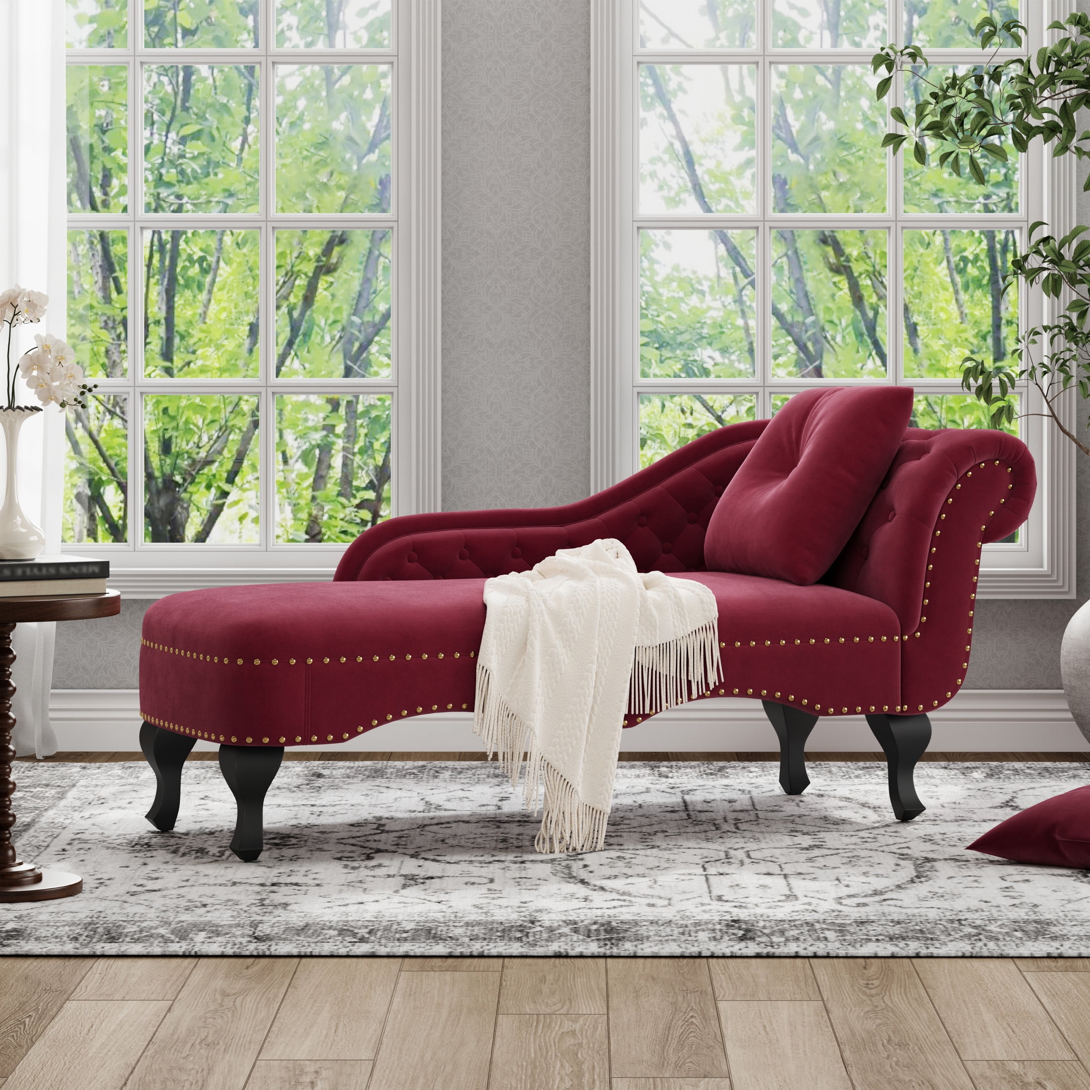 Christopher Knight Home 62" Luxury Velvet Chaise Lounge Bench with Pillow, Right Scrolled Backrest & Nailhead Trim, Burgundy
