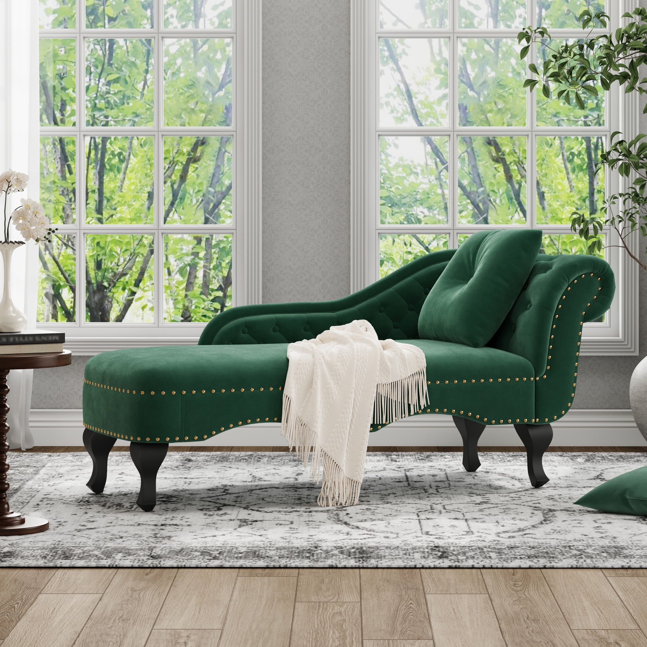 Christopher Knight Home 62" Luxury Velvet Chaise Lounge Bench with Pillow, Right Scrolled Backrest & Nailhead Trim, Green