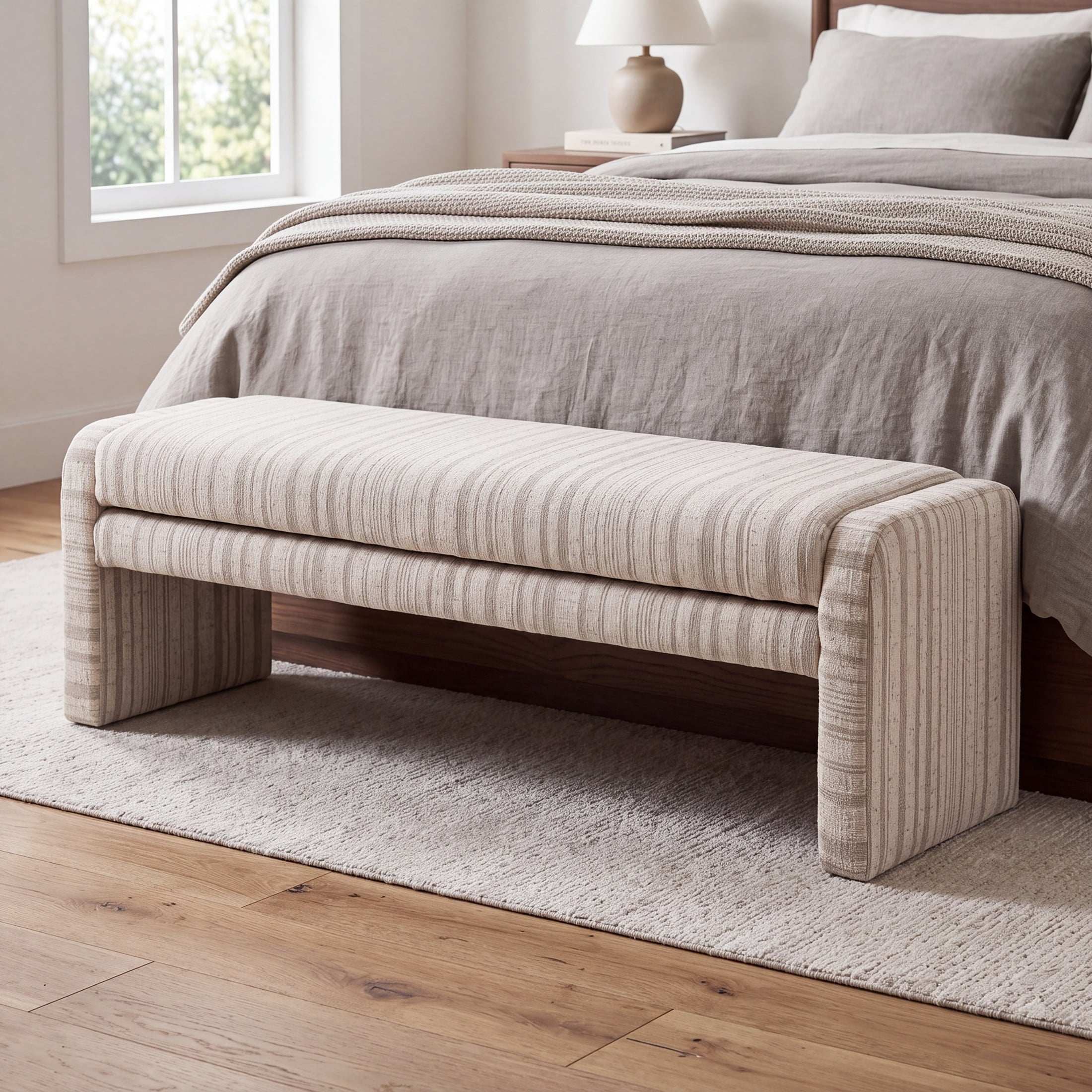 Christopher Knight Home 62" Striped Upholstered Ottoman Bench, Modern Wraparound Frame, Beige