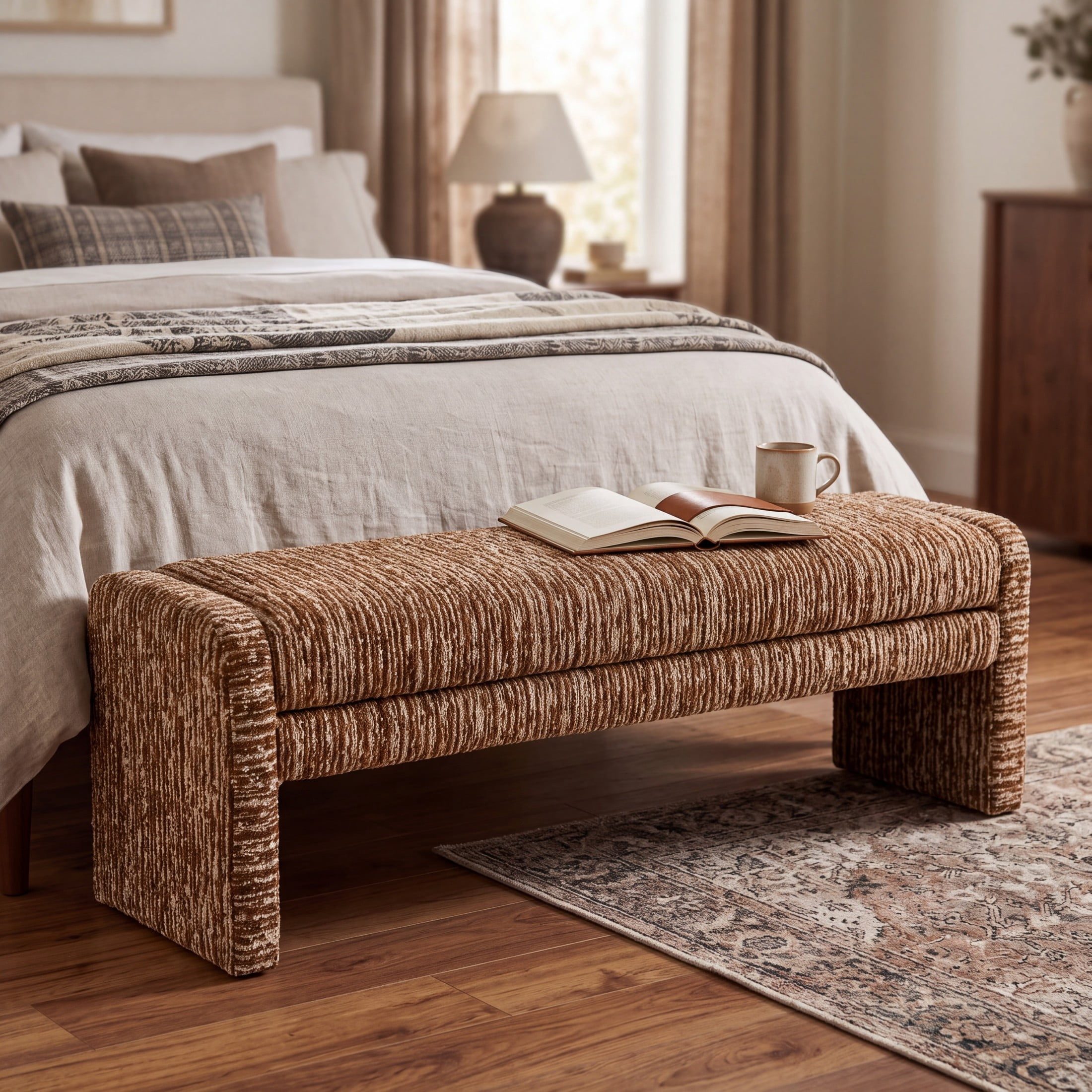 Christopher Knight Home 62" Striped Upholstered Ottoman Bench, Modern Wraparound Frame, Brown