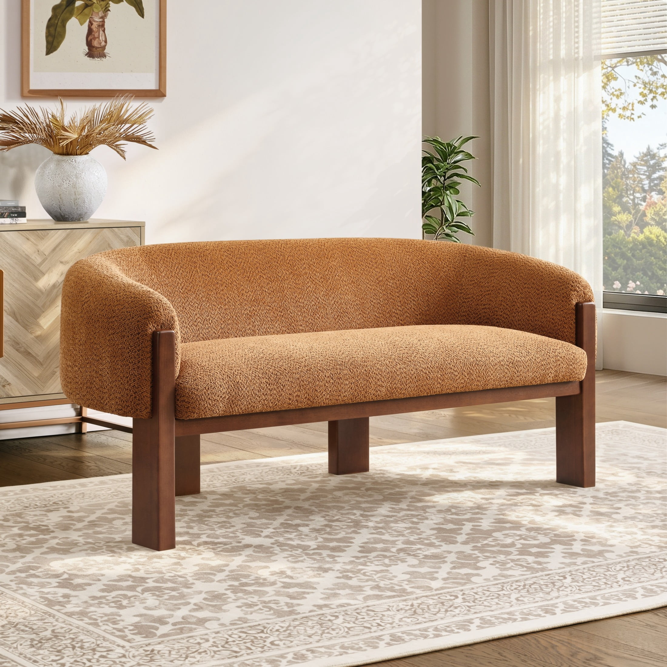 Christopher Knight Home 63.25" Modern Curved Boucle Loveseat Sofa with Wood Legs, Walnut+Caramel