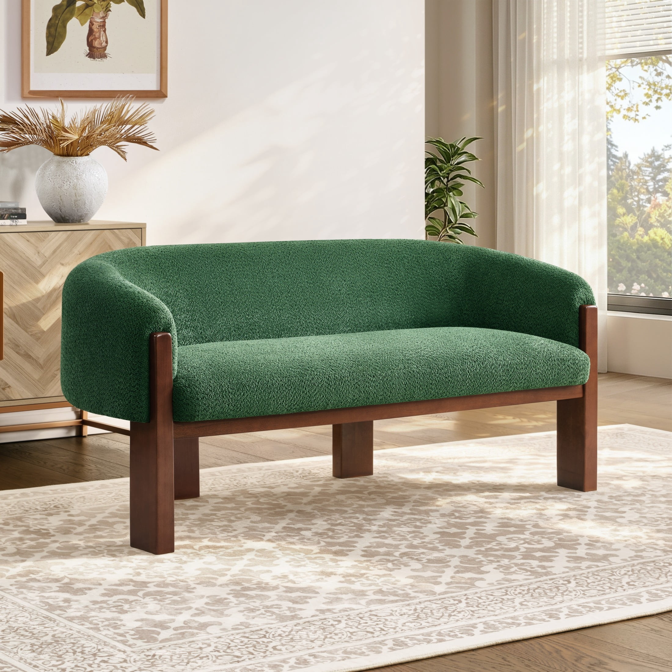 Christopher Knight Home 63.25" Modern Curved Boucle Loveseat Sofa with Wood Legs, Walnut+Green