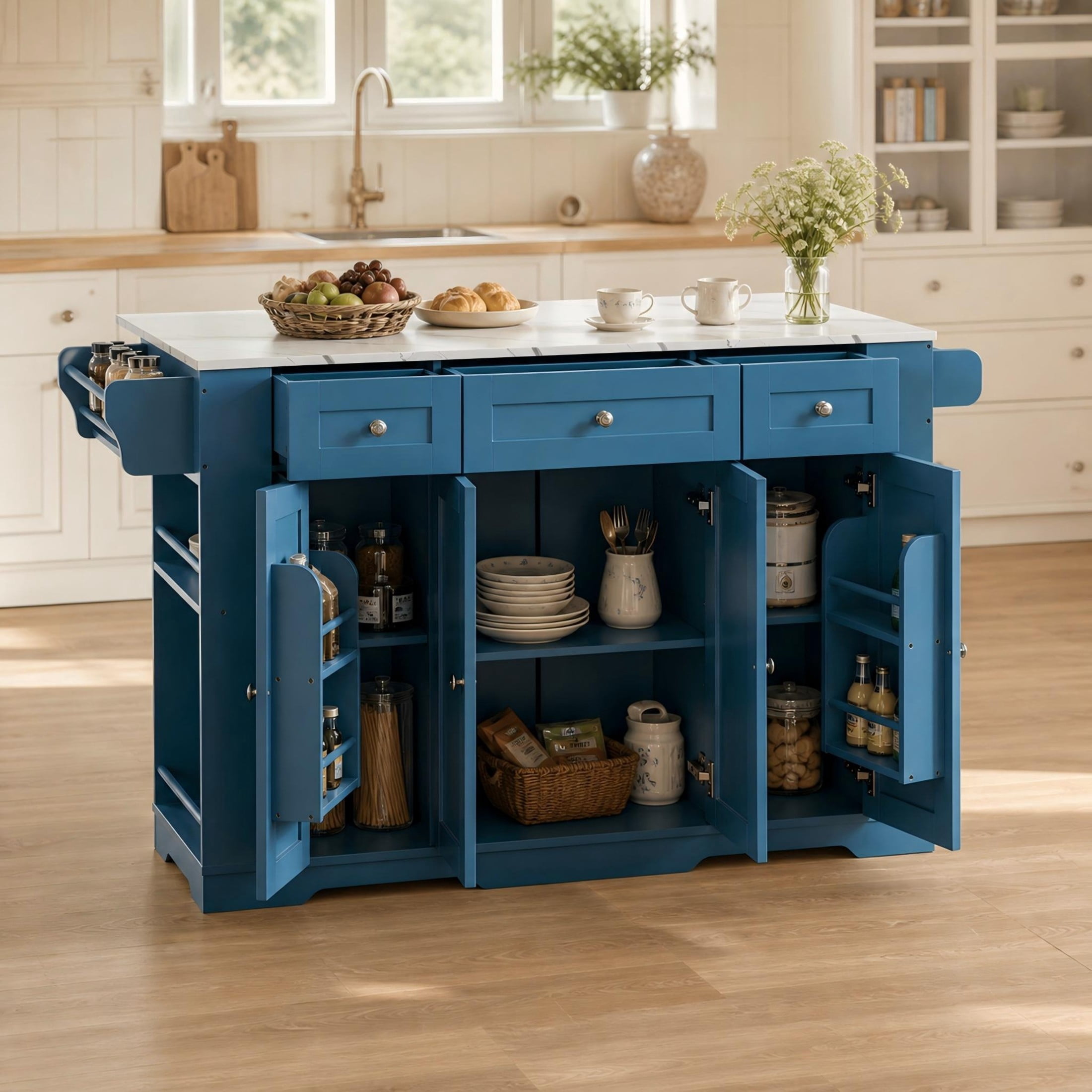 Christopher Knight Home 63" Mobile Kitchen Island Cart, Marble-Look Top, Multi‑Drawer Cabinet, Blue