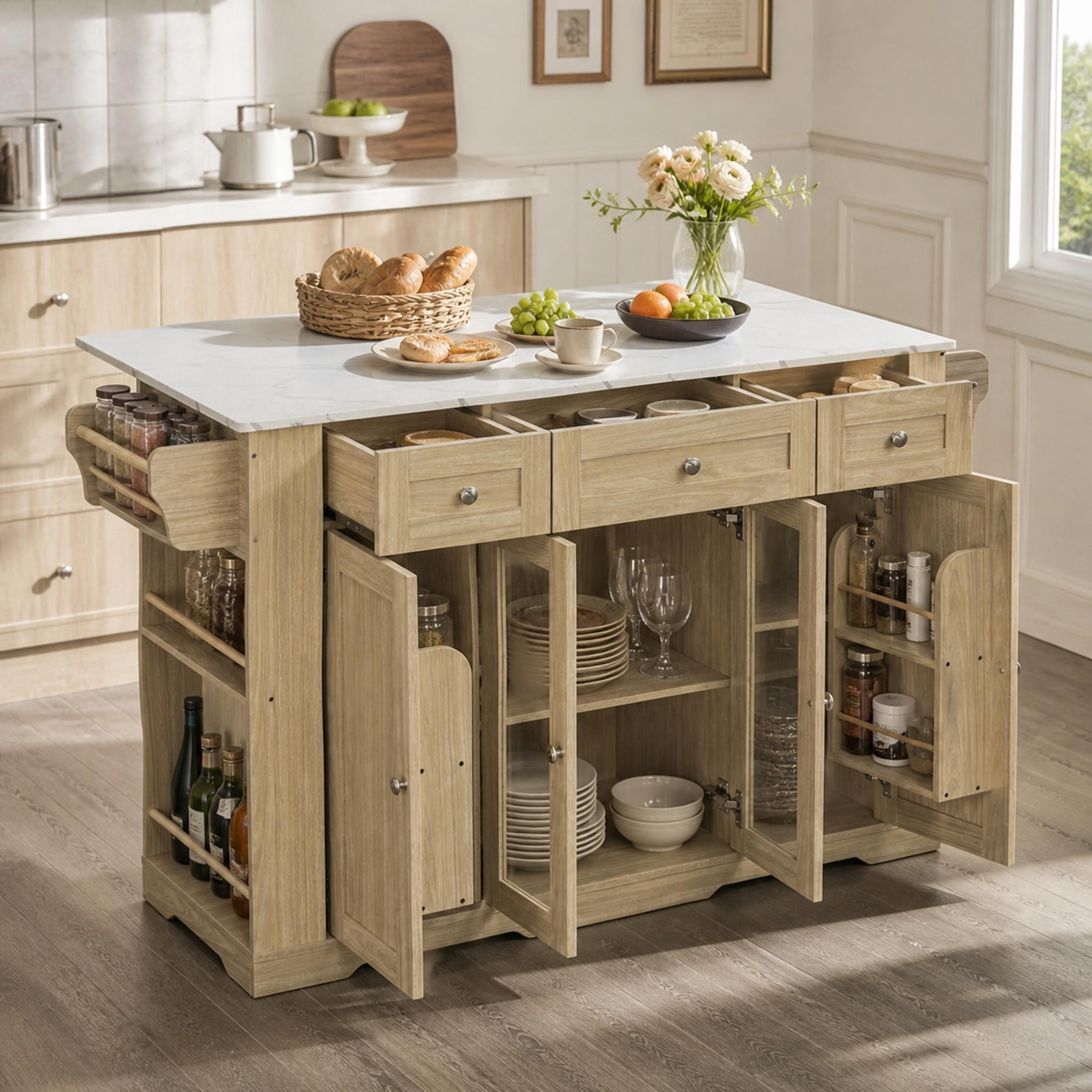 Christopher Knight Home 63" Mobile Kitchen Island Cart, Marble-Look Top, Multi‑Drawer Cabinet, Natural