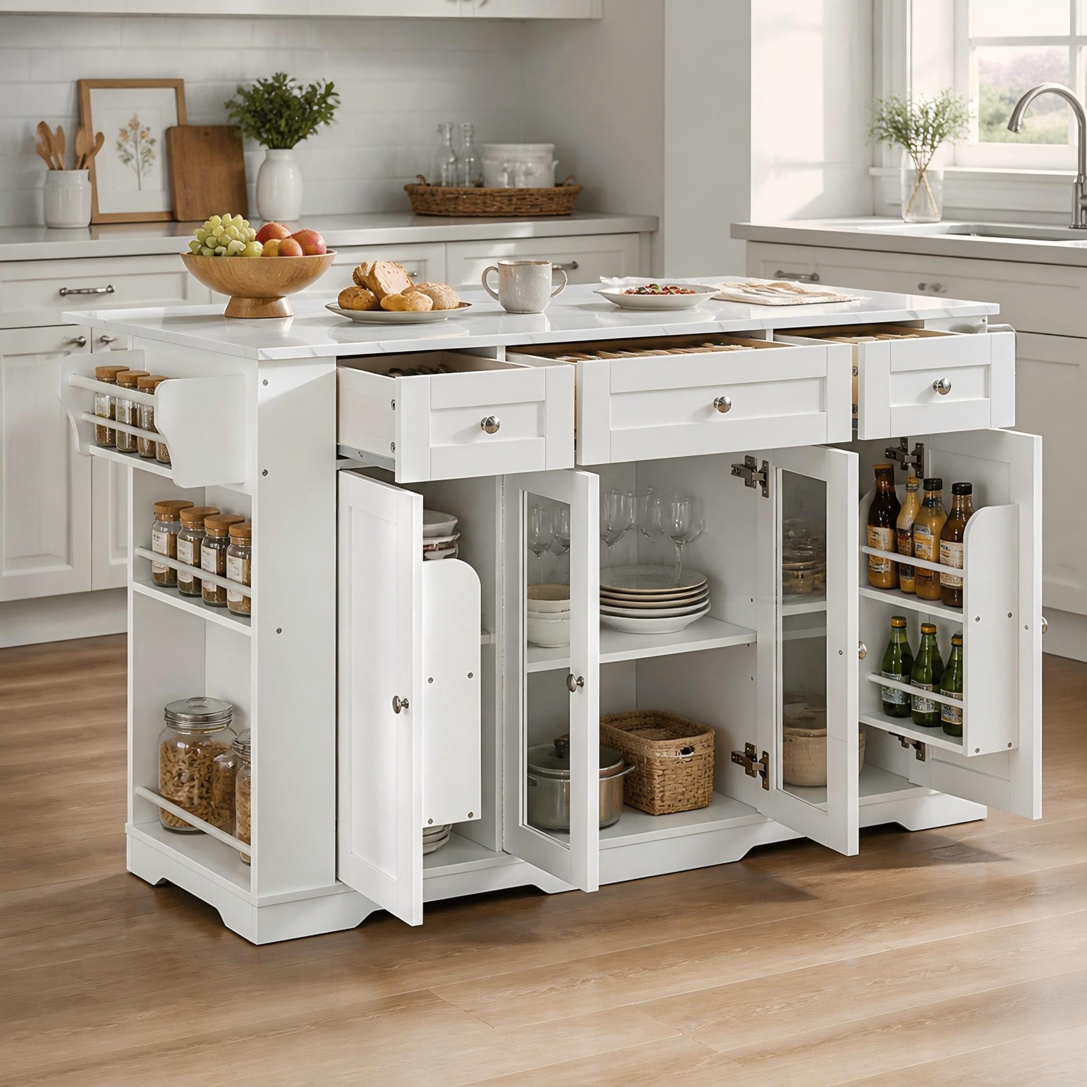 Christopher Knight Home 63" Mobile Kitchen Island Cart, Marble-Look Top, Multi‑Drawer Cabinet, White