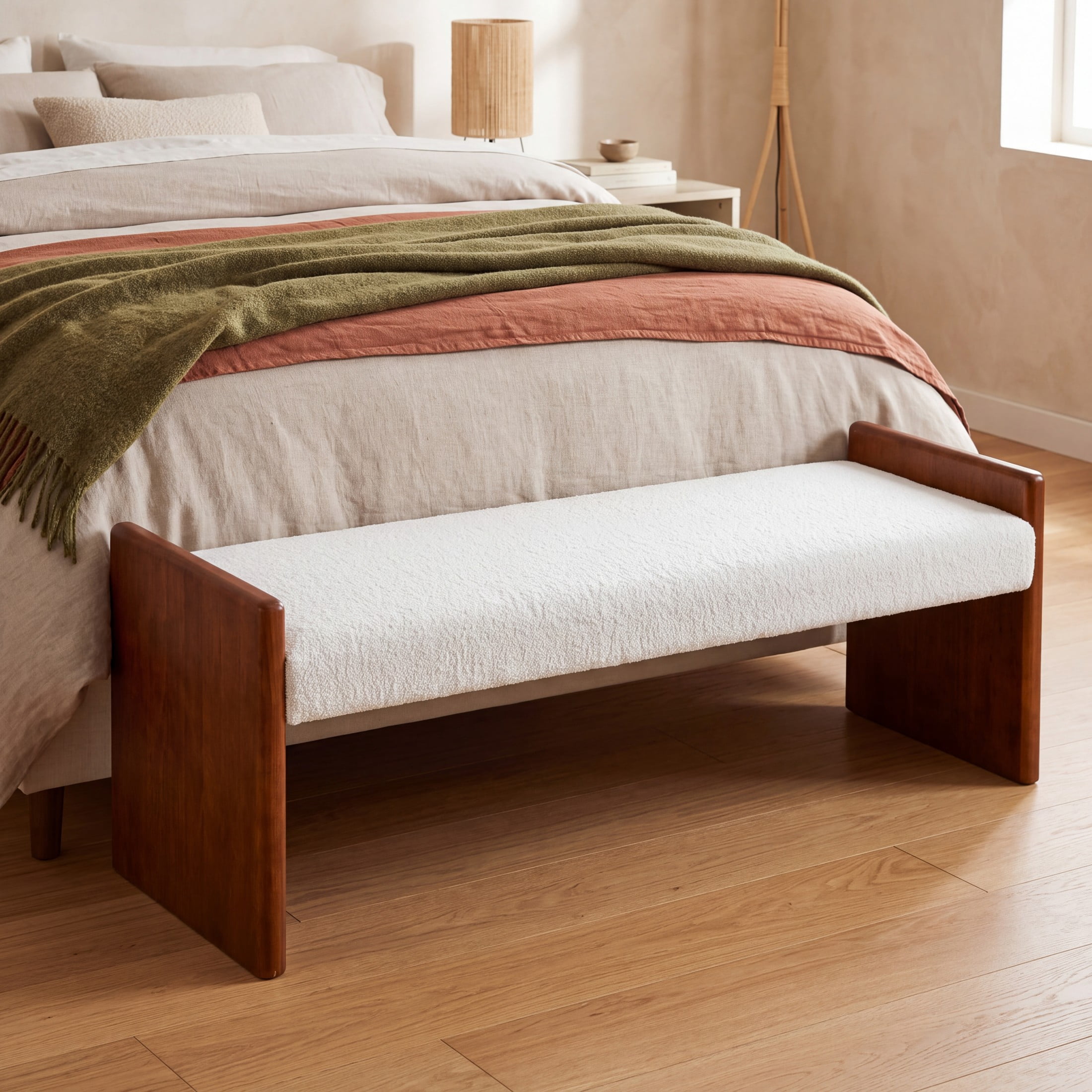 Christopher Knight Home 63" Modern Boucle Upholstered Decorative Ottoman Bench, Wood Frame, White