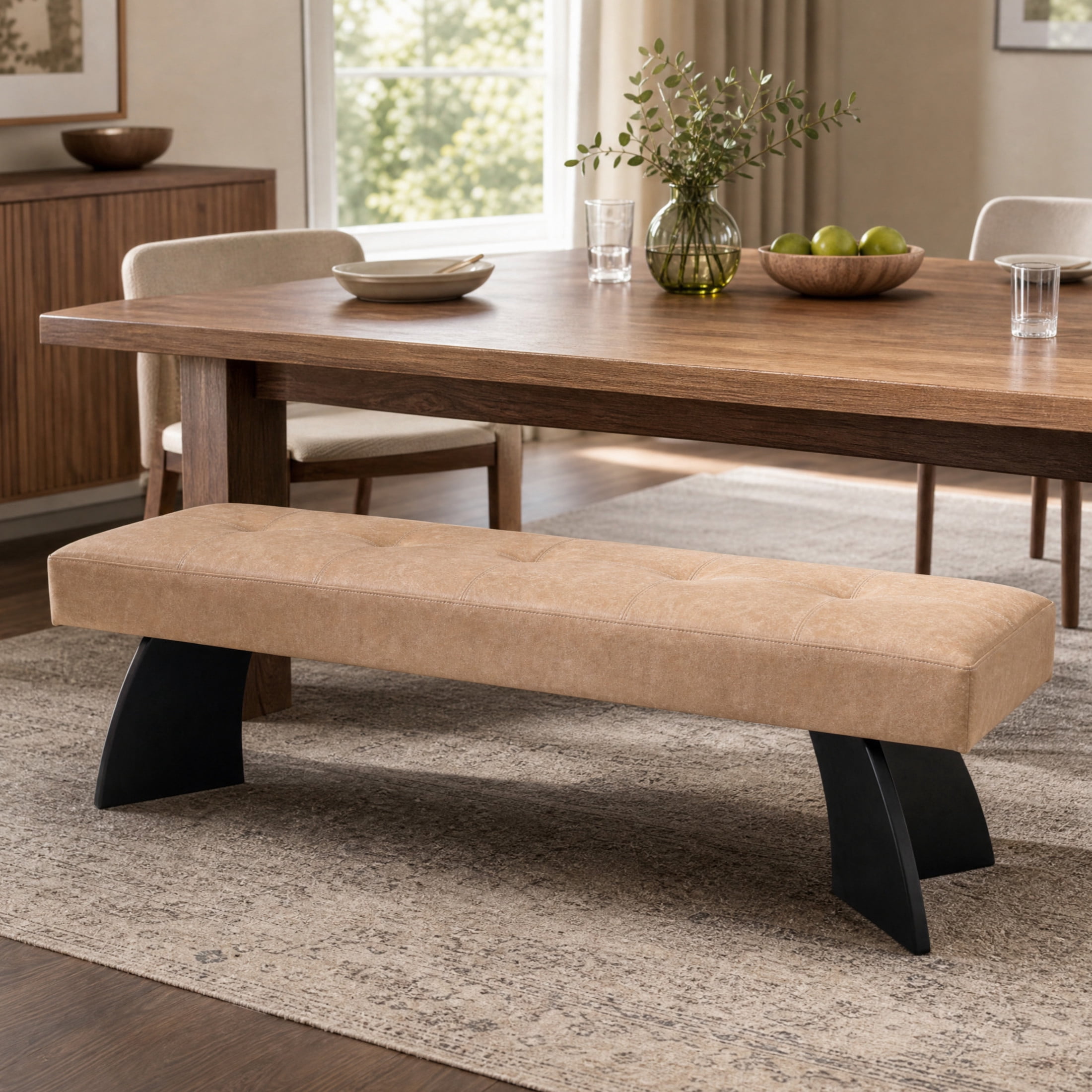 Christopher Knight Home 63" Modern PU Upholstered Bench with Black Stylish Curved Legs, Khaki