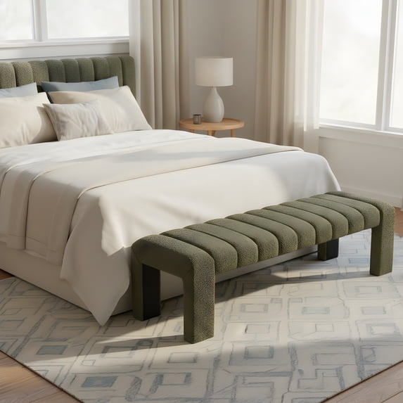 Christopher Knight Home 63" Rectangular Boucle Upholstered Ottoman Bench, Modern Accent Seating, Green