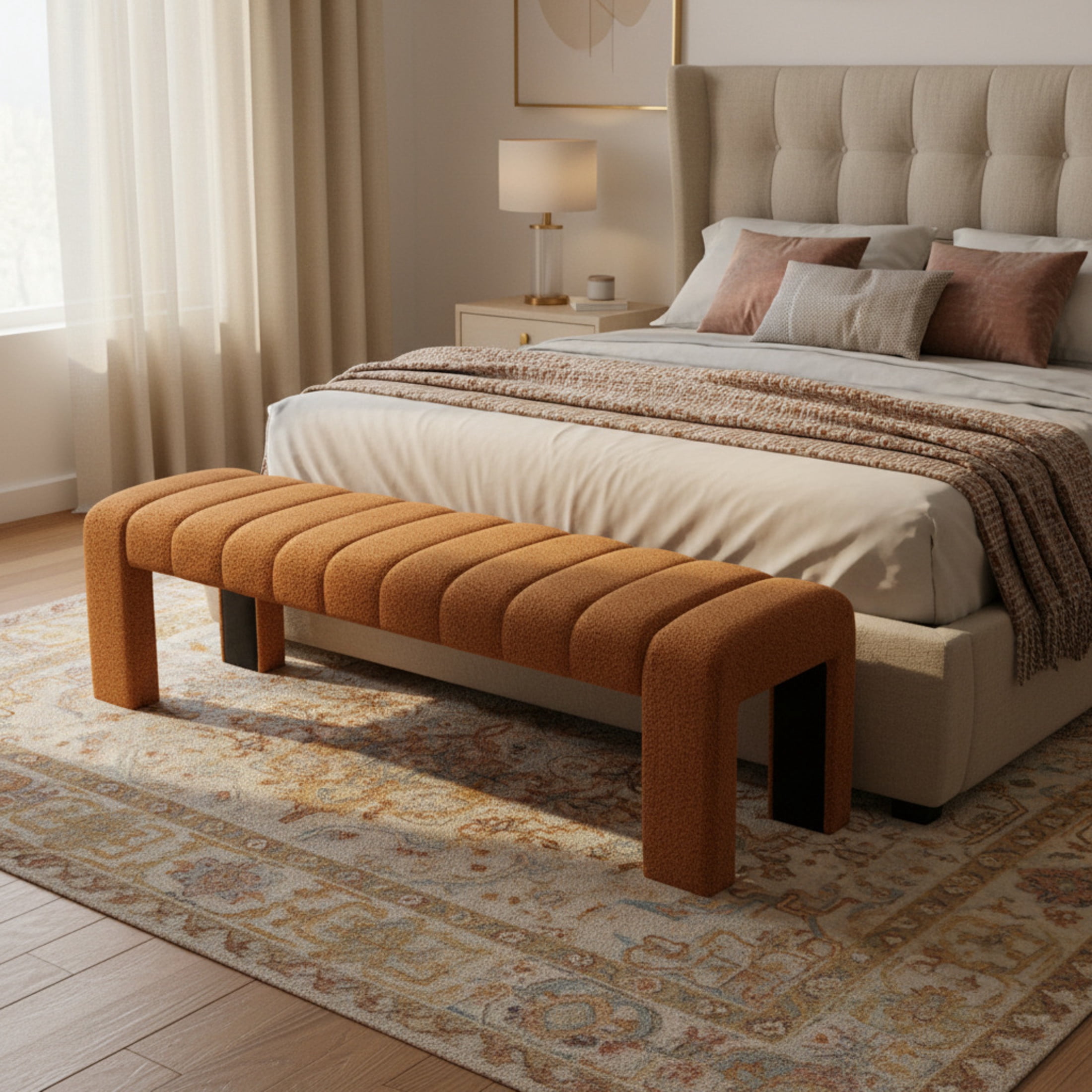 Christopher Knight Home 63" Rectangular Boucle Upholstered Ottoman Bench, Modern Accent Seating, Orange