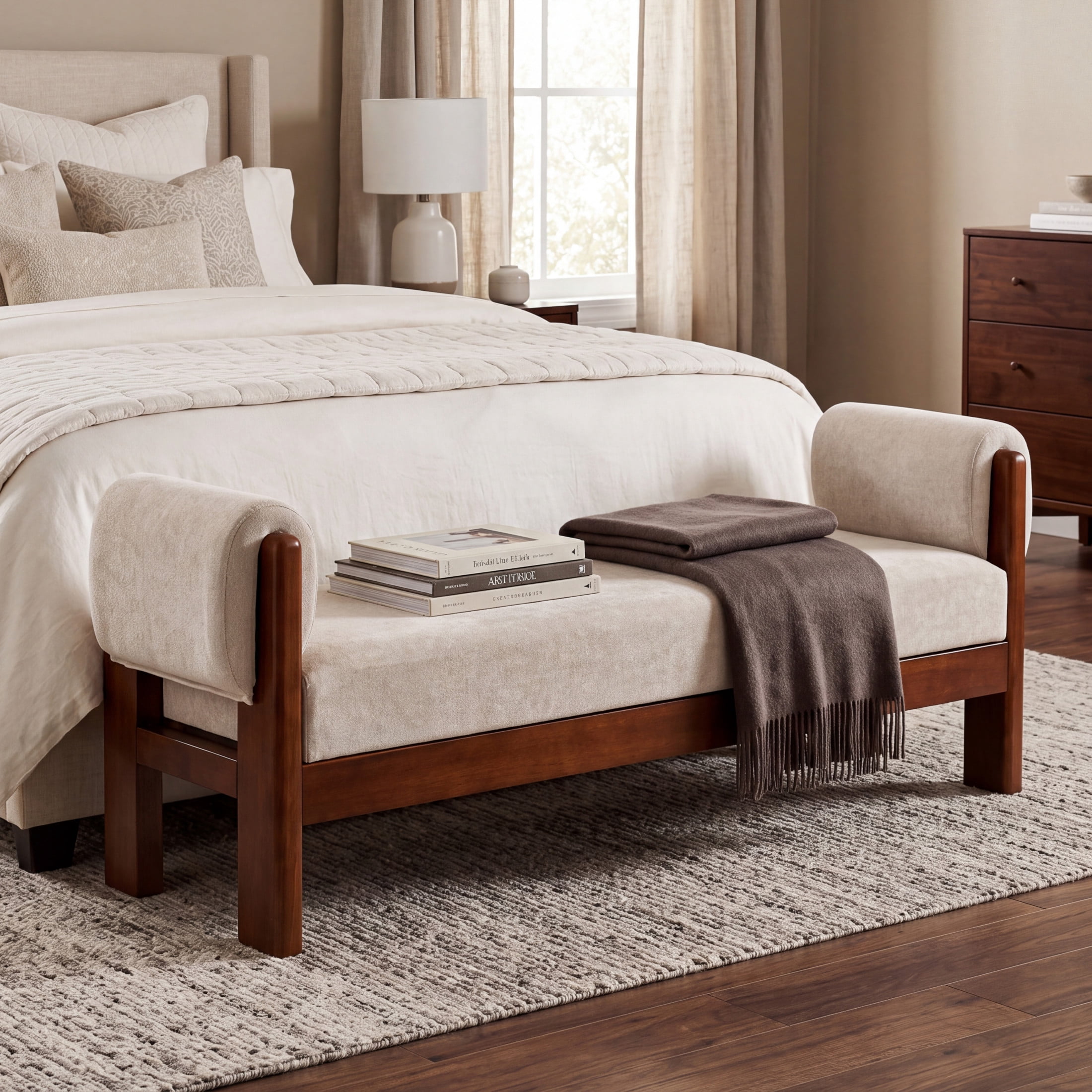 Christopher Knight Home 63" Upholstered Accent Ottoman, Solid Wood Frame End of Bed Bench, Beige