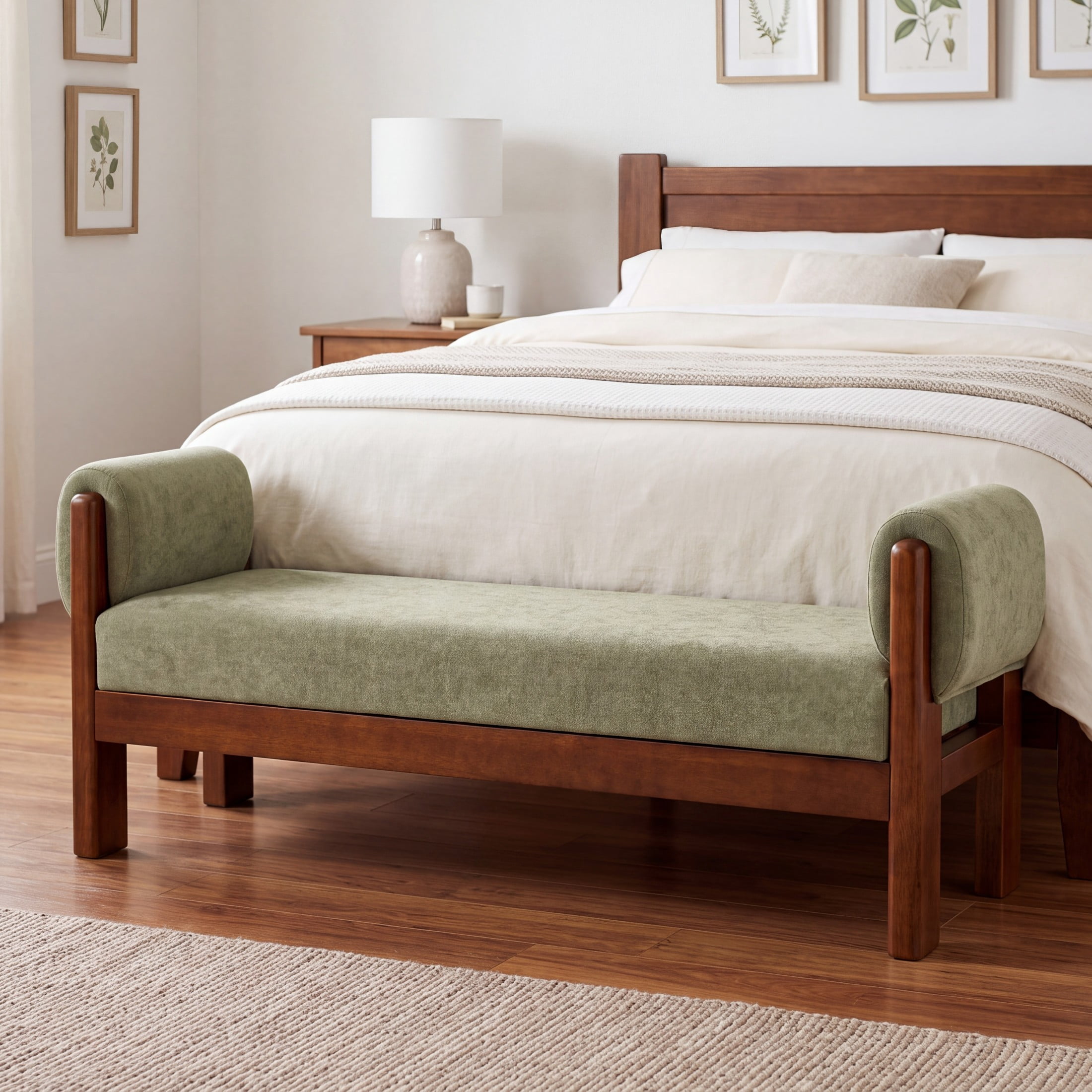 Christopher Knight Home 63" Upholstered Accent Ottoman, Solid Wood Frame End of Bed Bench, Green