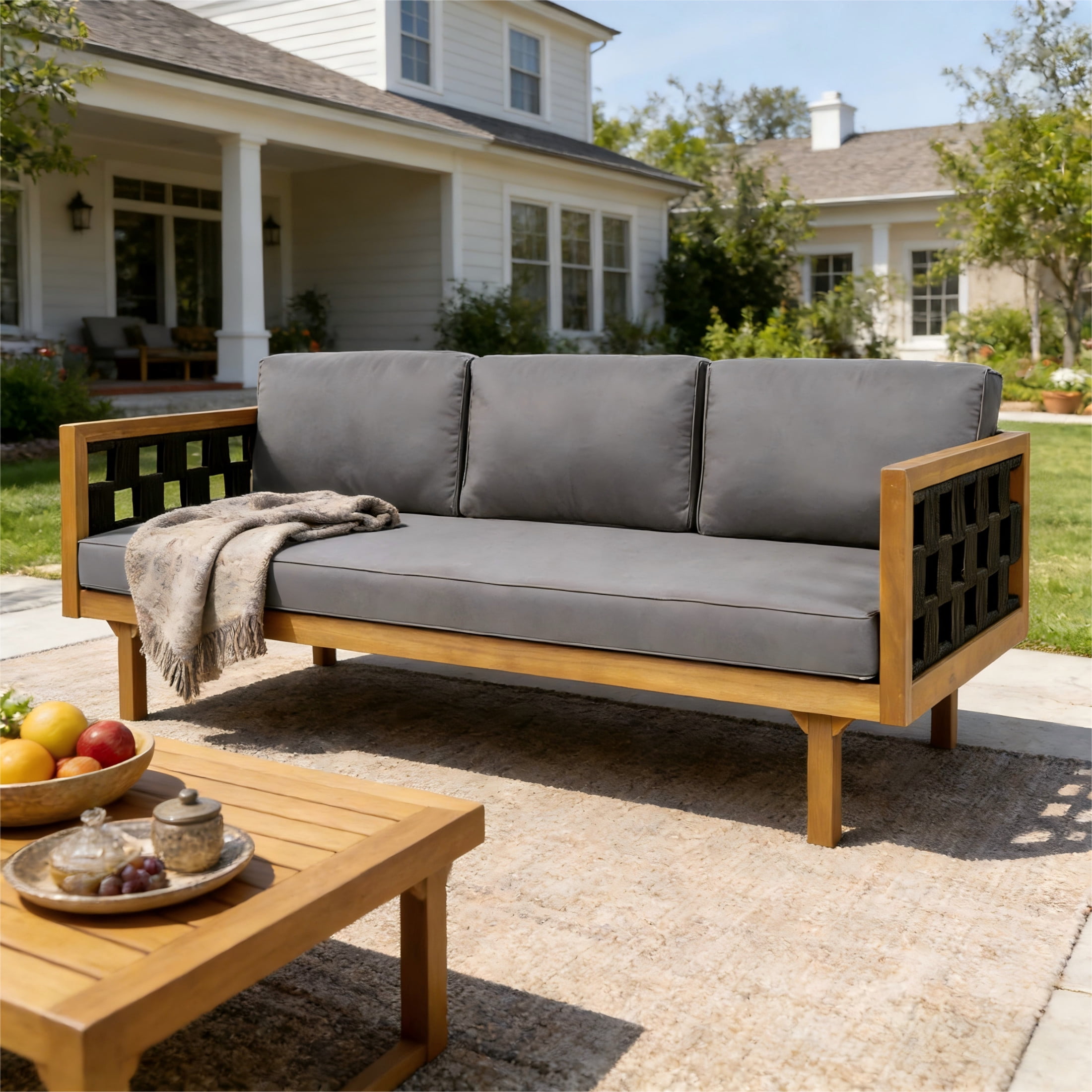 Christopher Knight Home 67.5" Outdoor Daybed, 3-Seater Sofa with Black Flat Rope, Teak Finish, Dark Gray Cushions