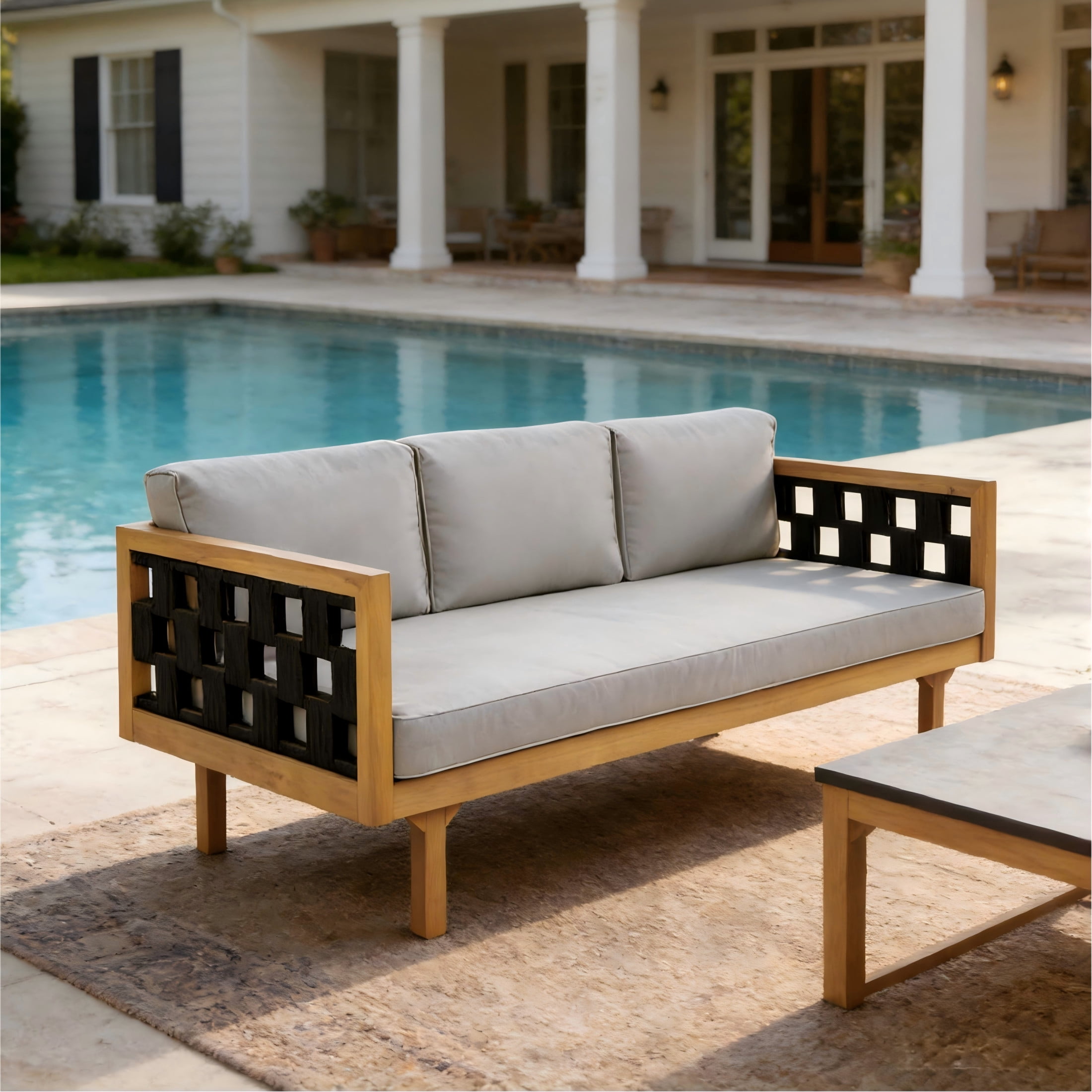 Christopher Knight Home 67.5" Outdoor Daybed, 3-Seater Sofa with Black Flat Rope, Teak Finish, Light Gray Cushions