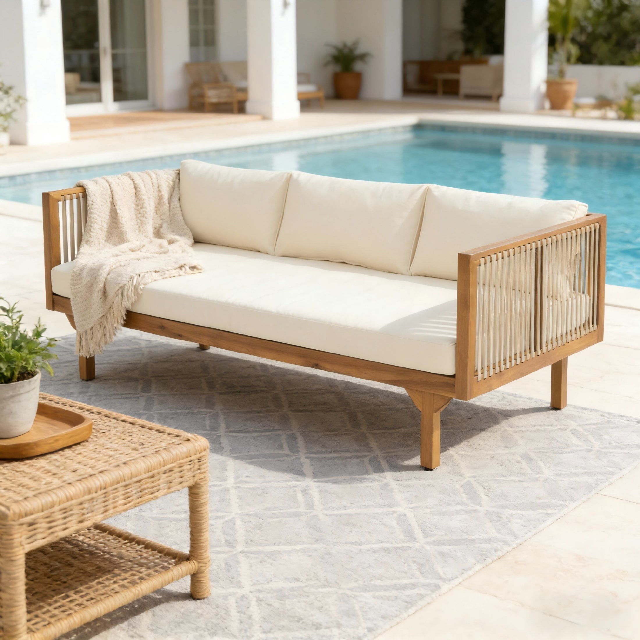 Christopher Knight Home 67.5" Outdoor Patio Acacia Wood Sofa with Light Brown Rope and Beige Cushions