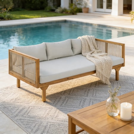 Christopher Knight Home 67.5" Outdoor Patio Acacia Wood Sofa with Light Brown Rope and Light Gray Cushions