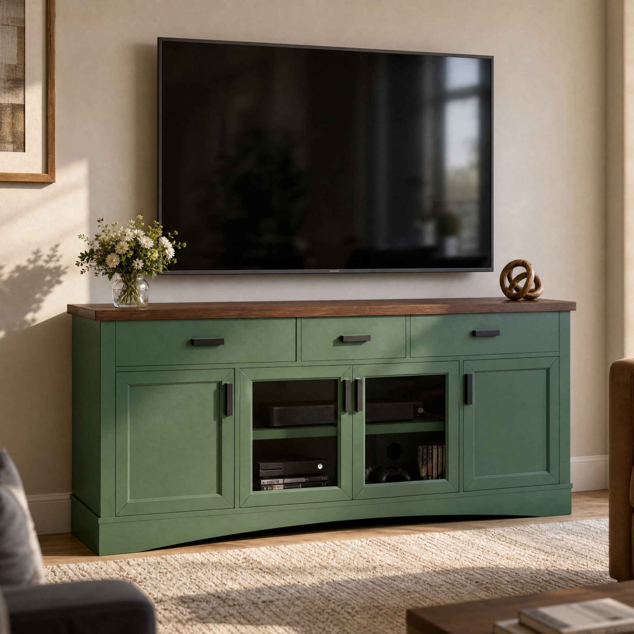 Christopher Knight Home 67" Modern TV Stand Console, Cabinet with Glass Doors, Storage Drawers, Green