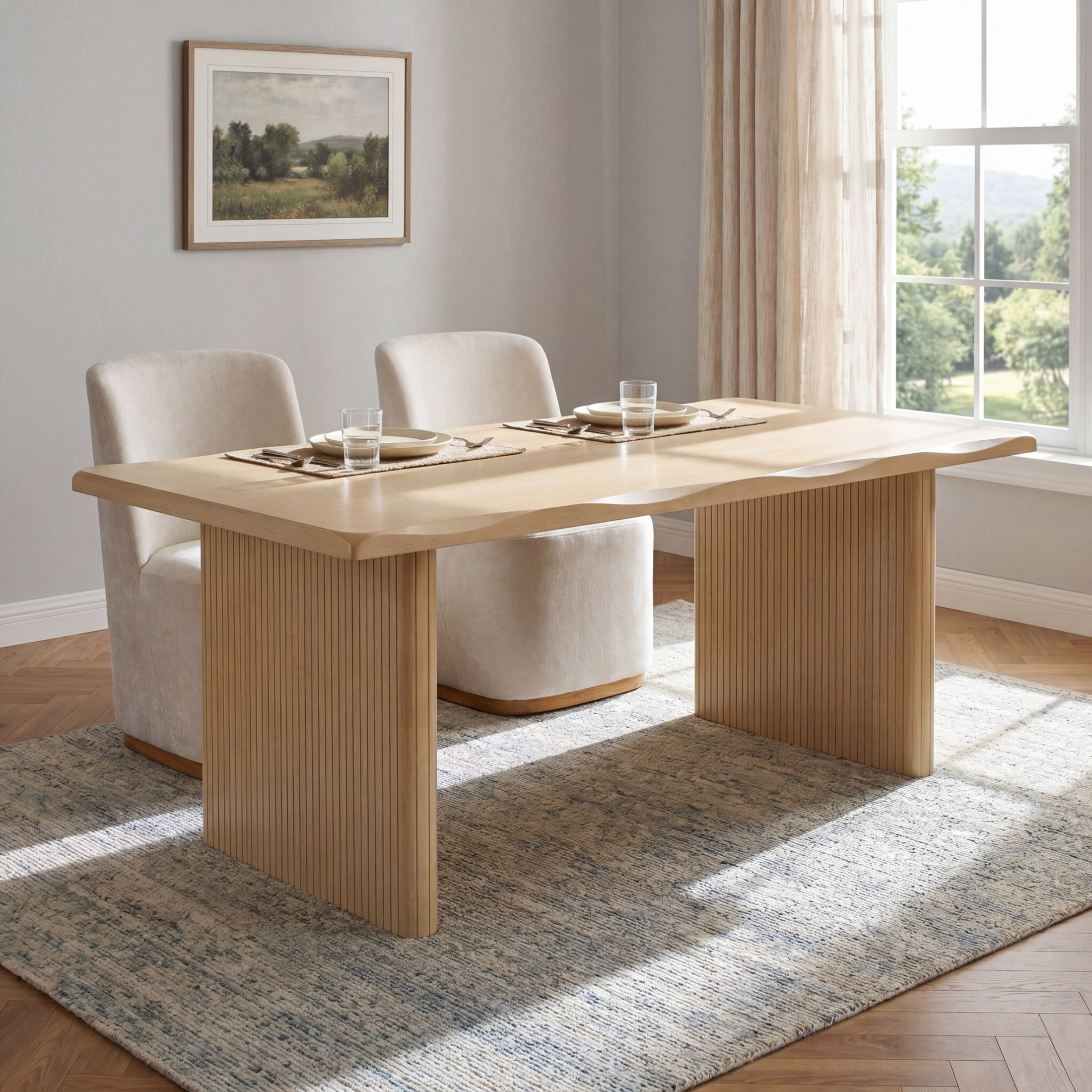 Christopher Knight Home 68.75" Dining Table with Scalloped Edge Table Top, Ribbed Rubberwood Legs, Natural
