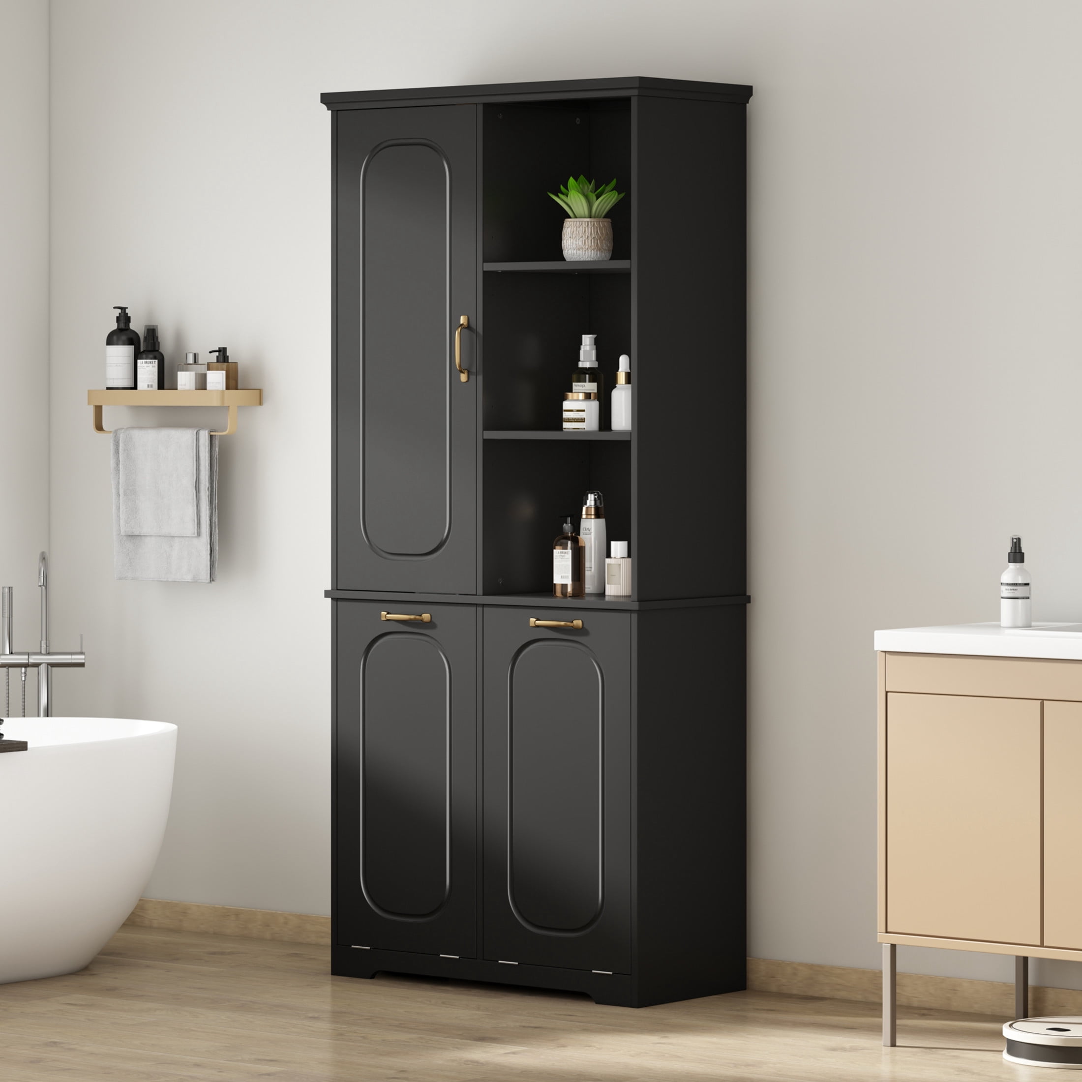 Christopher Knight Home 68" Tall Storage Cabinet with Tilt-Out Hampers, Adjustable Shelves, Black