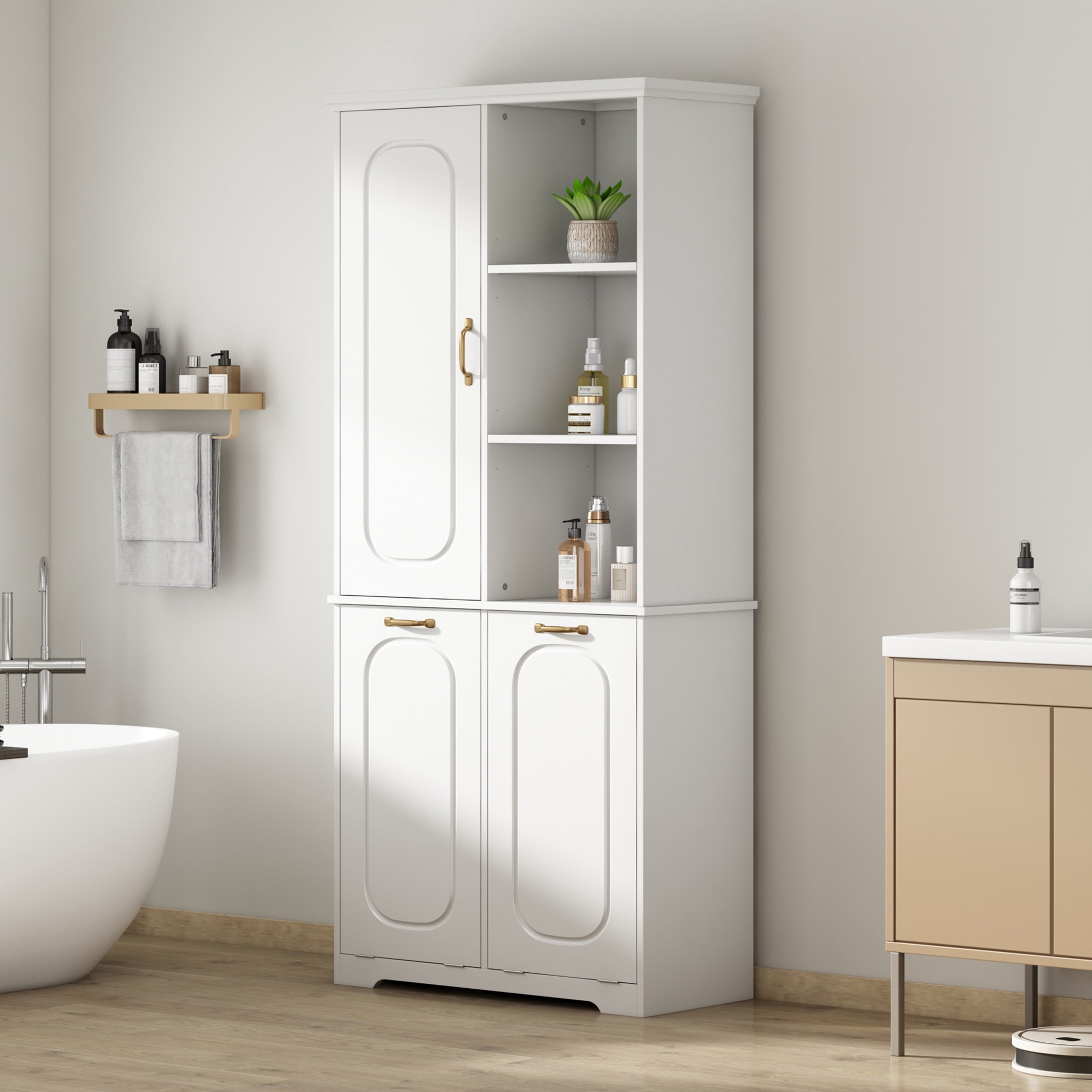 Christopher Knight Home 68" Tall Storage Cabinet with Tilt-Out Hampers, Adjustable Shelves, White