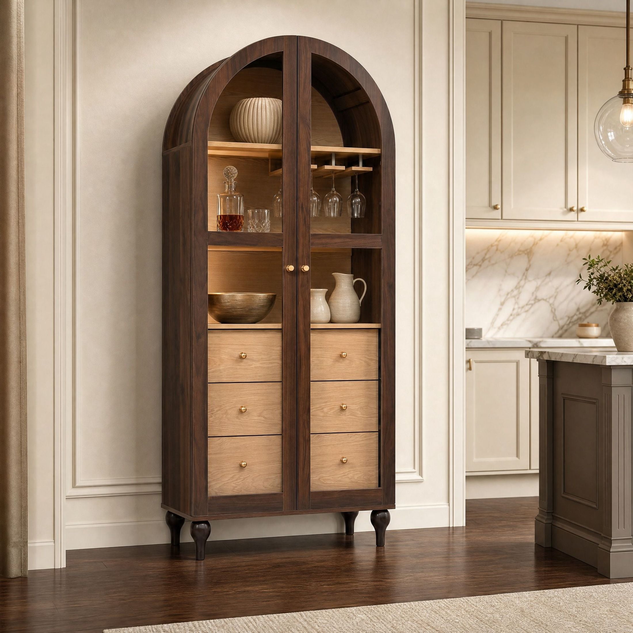 Christopher Knight Home 69" Vintage Arched Pantry Cabinet, Glass Door with Adjustable Shelves, Walnut