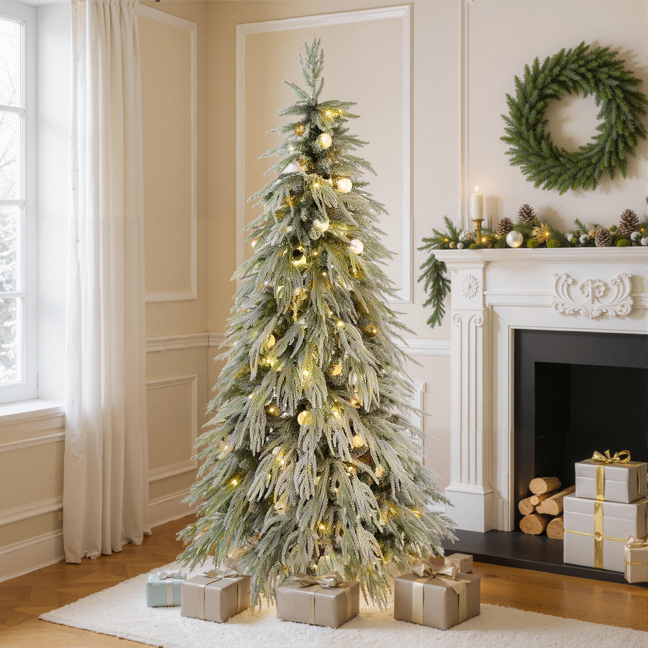 Christopher Knight Home 6FT Pre-Lit Snow Flocked Hinged Christmas Tree with LED Lights for Home Décor