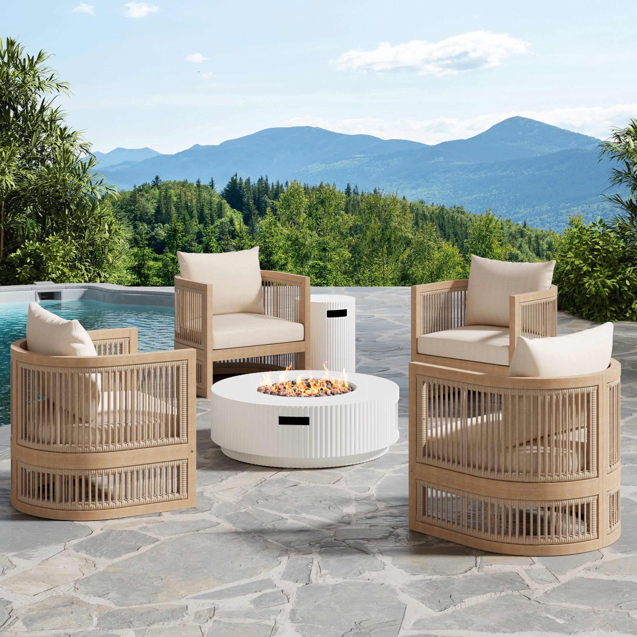 Christopher Knight Home 6PCS Outdoor Conversation Set with Fire Pit Table, 4 Patio Chairs, Tank Holder, Light Teak+White