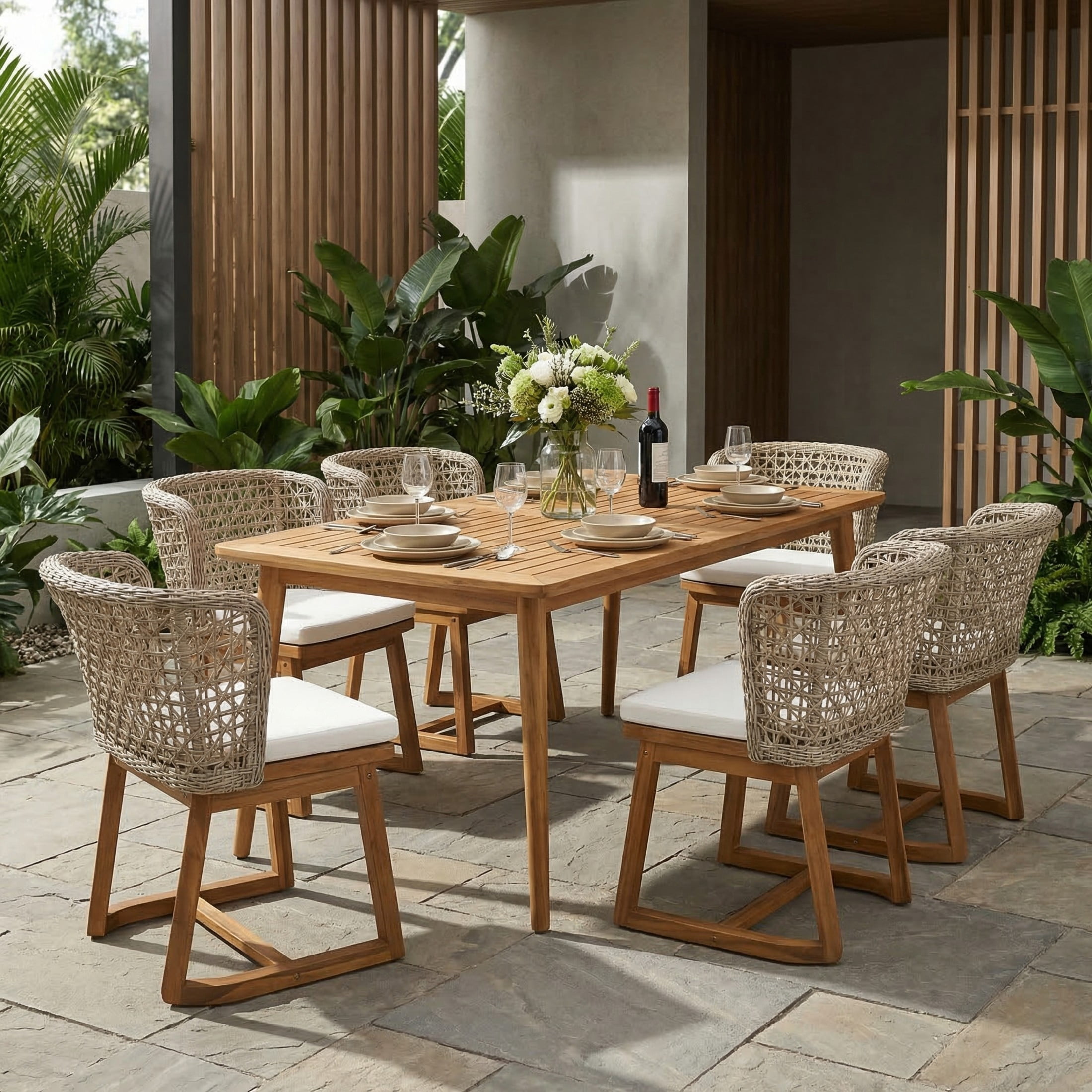 Christopher Knight Home 7-Piece Acacia Wood Outdoor Dining Set, Cushioned Wicker Chairs, Teak+Beige