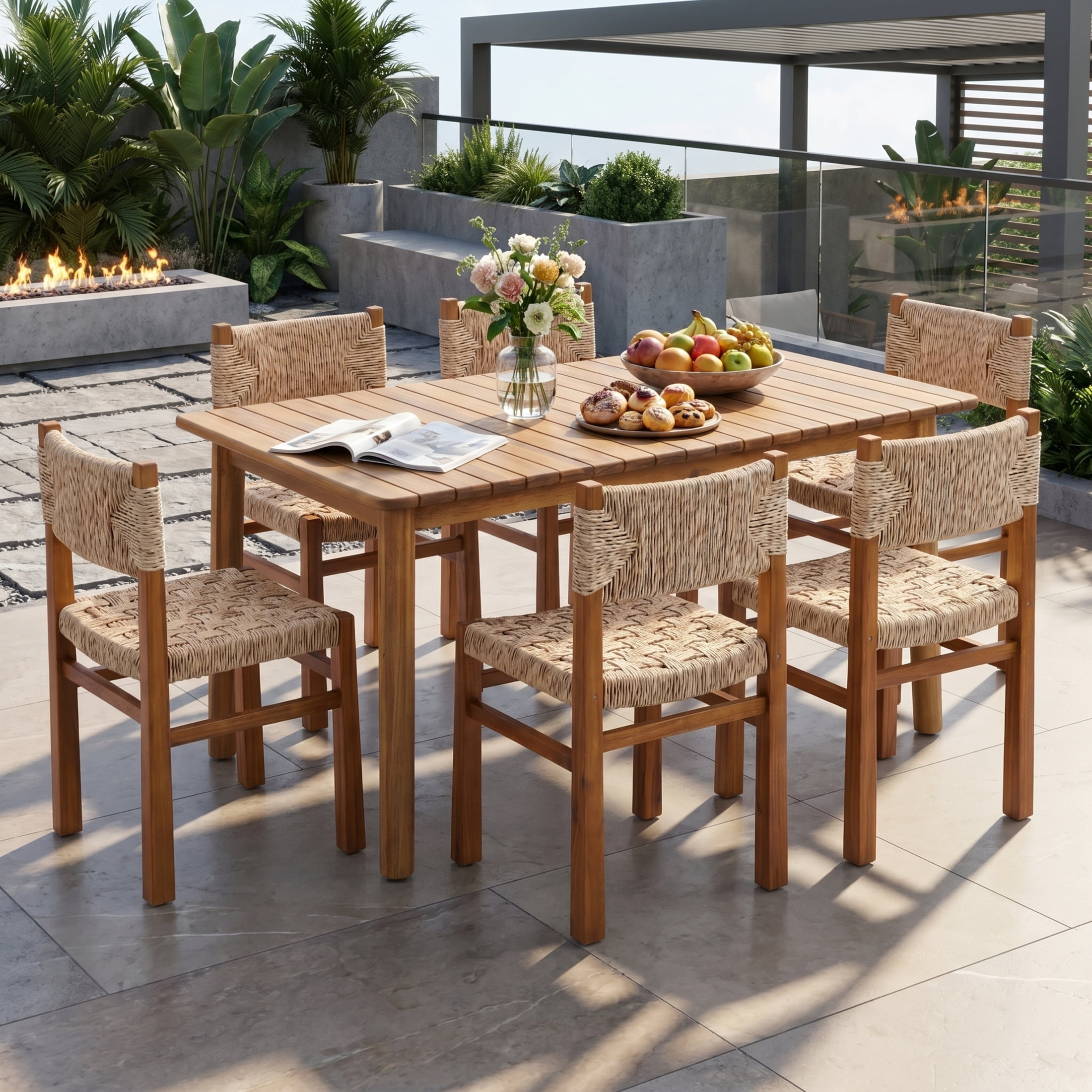 Christopher Knight Home 7-Piece Acacia Wood Outdoor Dining Set, Extendable Table with Wicker Chairs, Light Gray