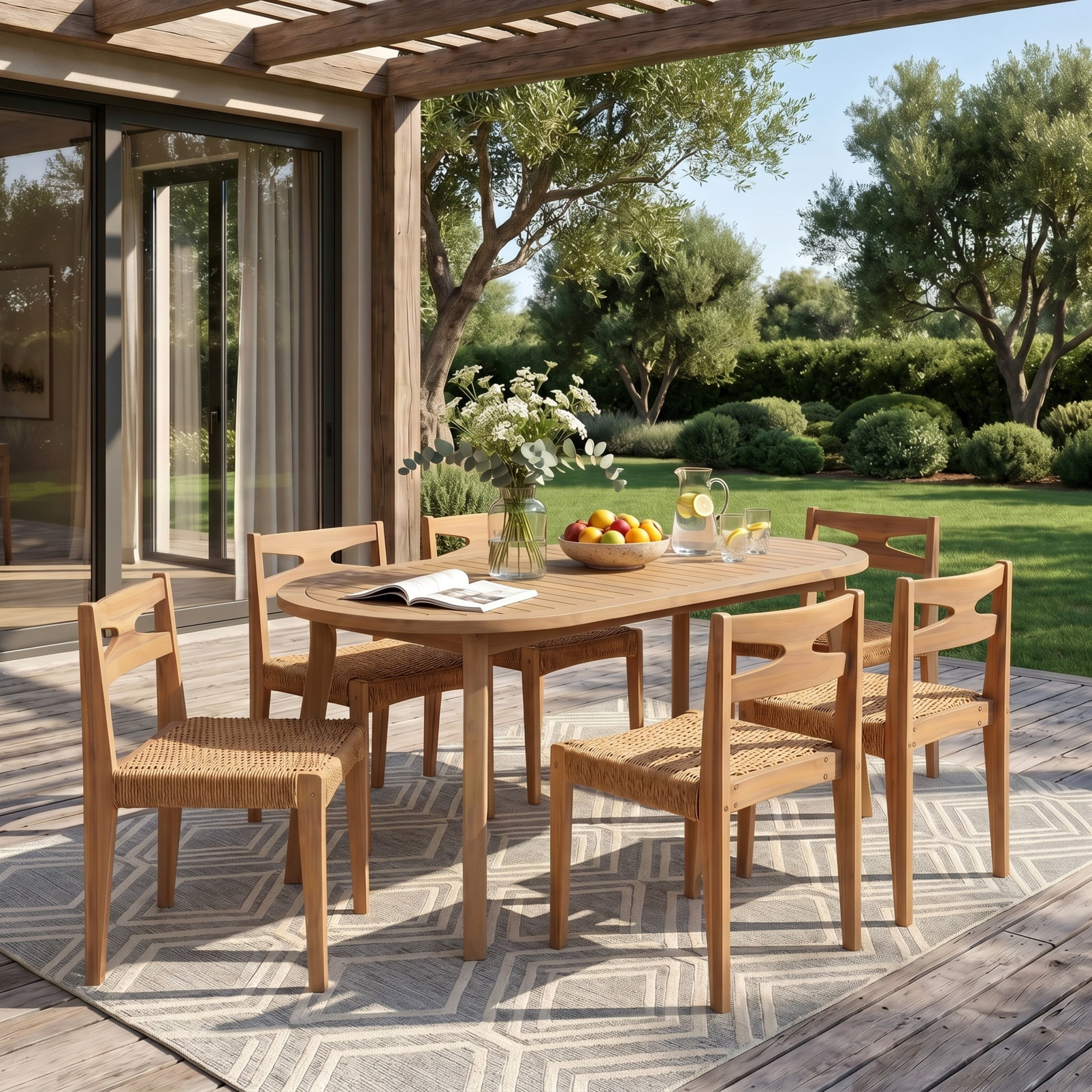 Christopher Knight Home 7-Piece Acacia Wood Outdoor Dining Set, Woven Chairs with Oval Table, Light Teak