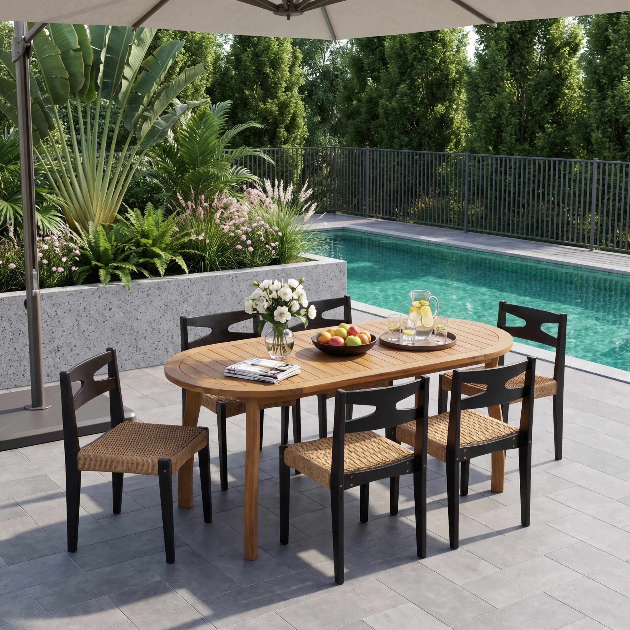 Christopher Knight Home 7-Piece Acacia Wood Outdoor Dining Set, Woven Chairs with Oval Table, Teak+Black