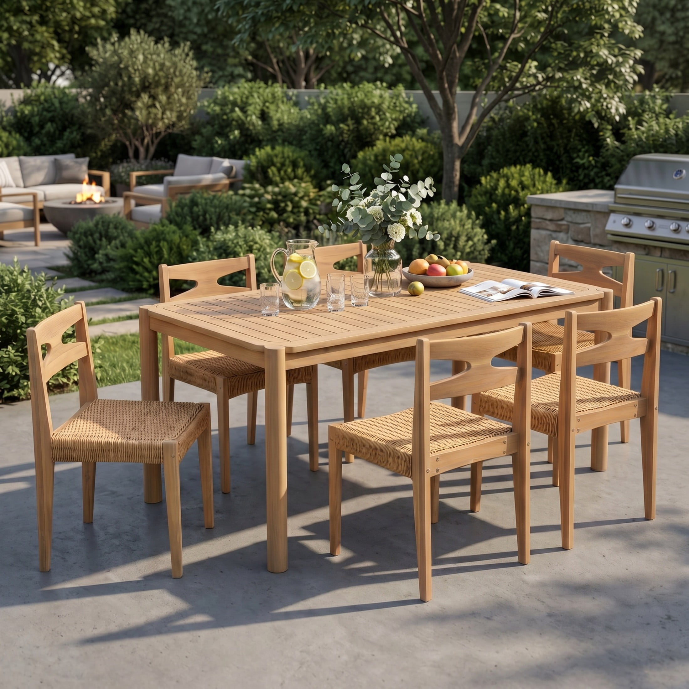 Christopher Knight Home 7-Piece Acacia Wood Outdoor Dining Set, Woven Chairs with Rectangle Table, Light Teak